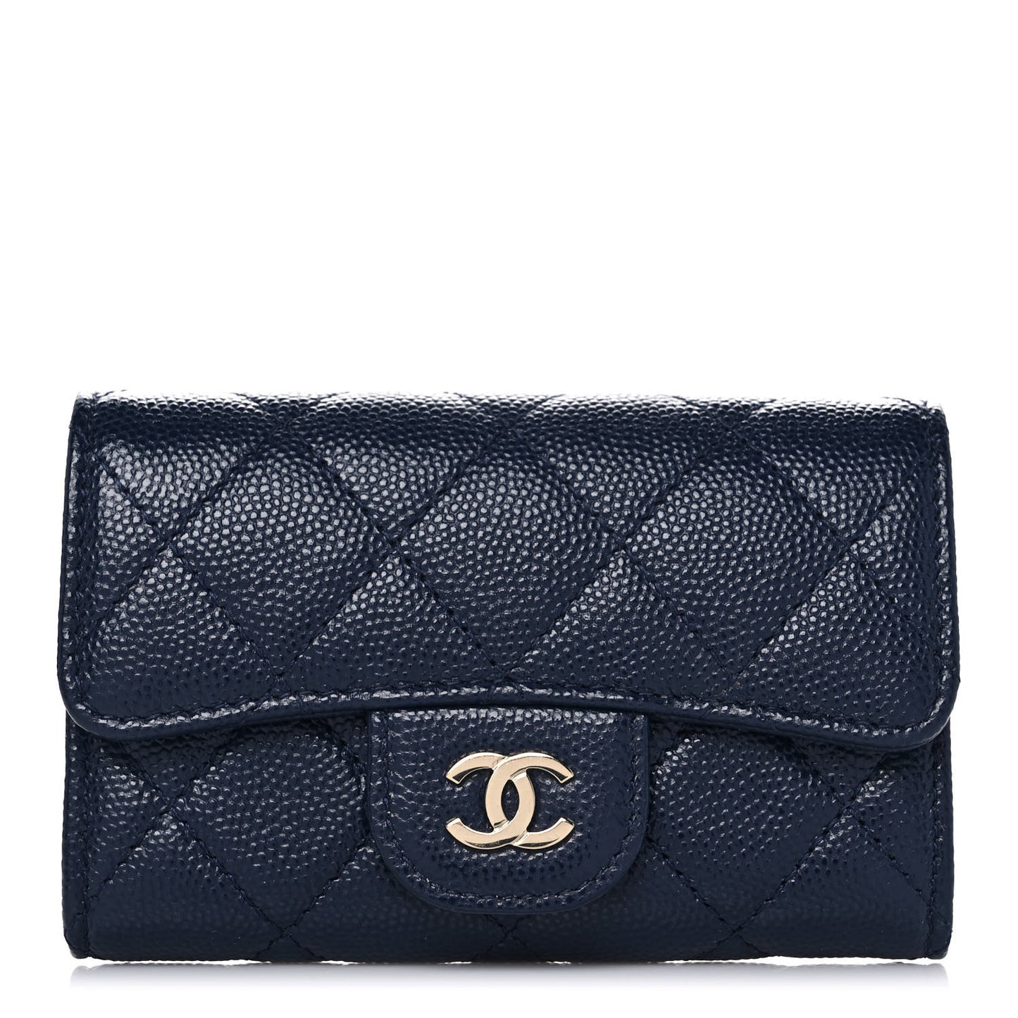 Caviar Quilted Flap Card Holder Wallet Navy Blue