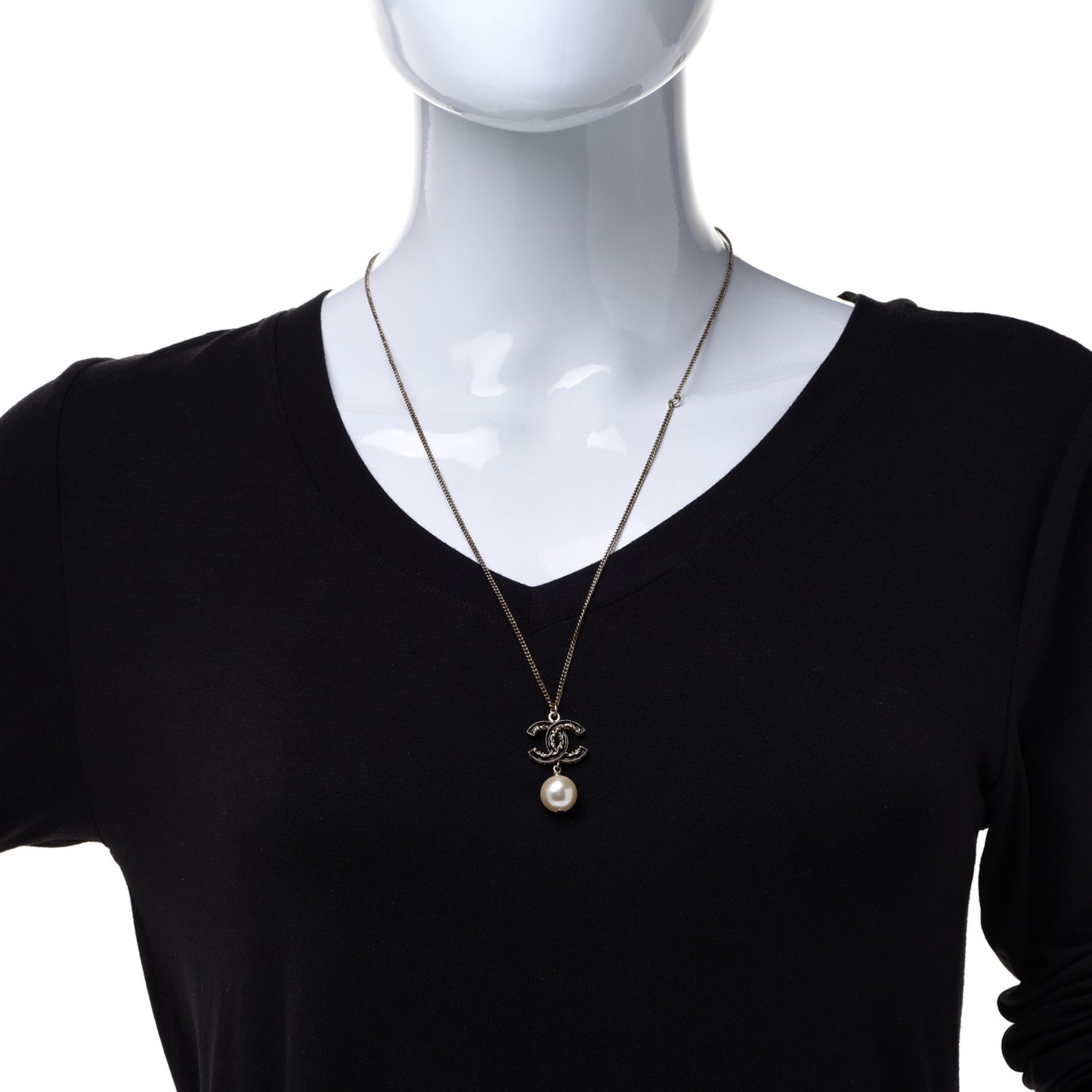 Enamel Pearl CC Baroque Drop Necklace Black Gold