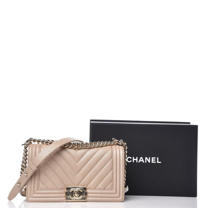 Chanel Metallic Caviar Chevron Quilted Medium Boy Flap Light Beige 8 of 8