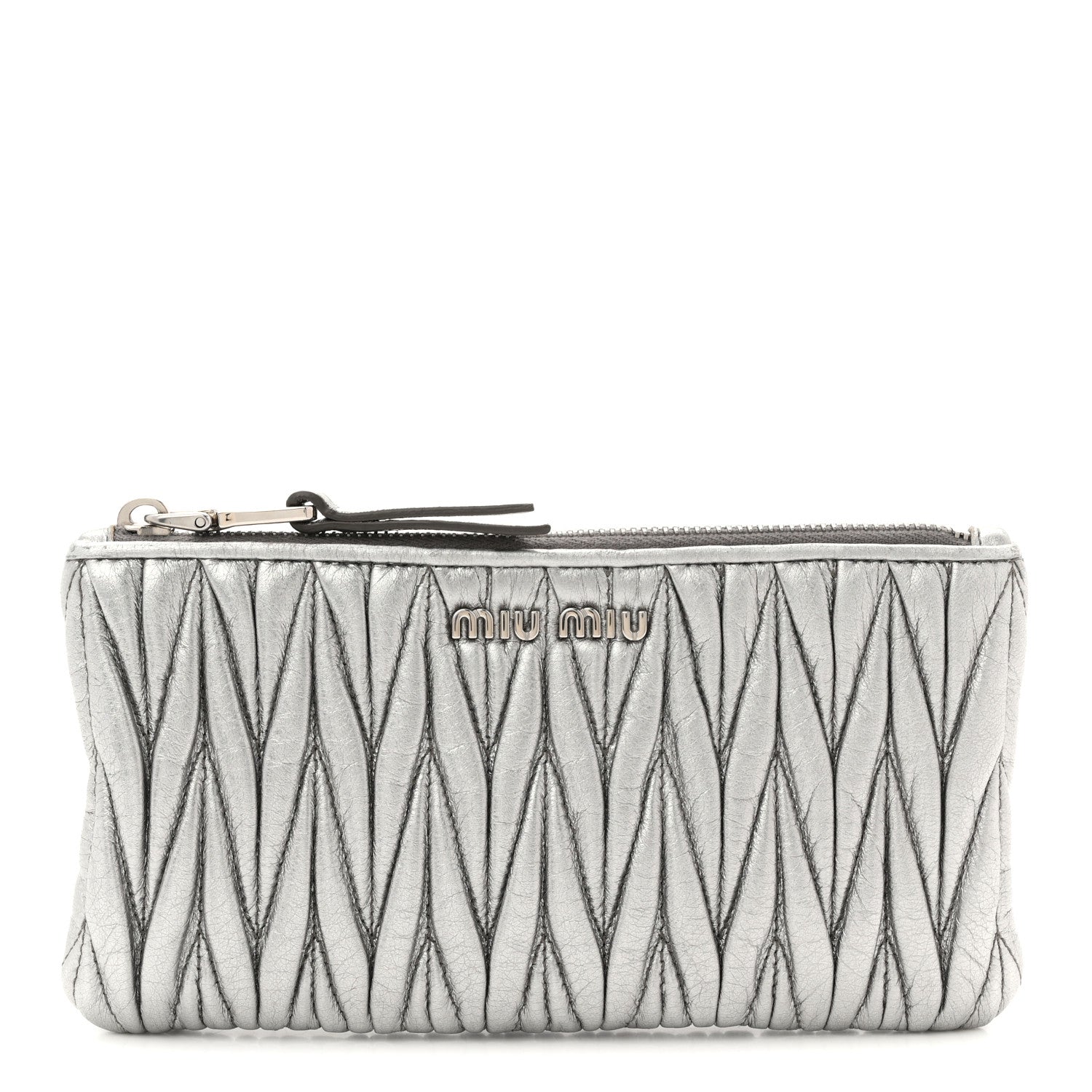 Miu Miu Metallic Nappa Matelasse Quilted Zip Wallet Silver 1841644