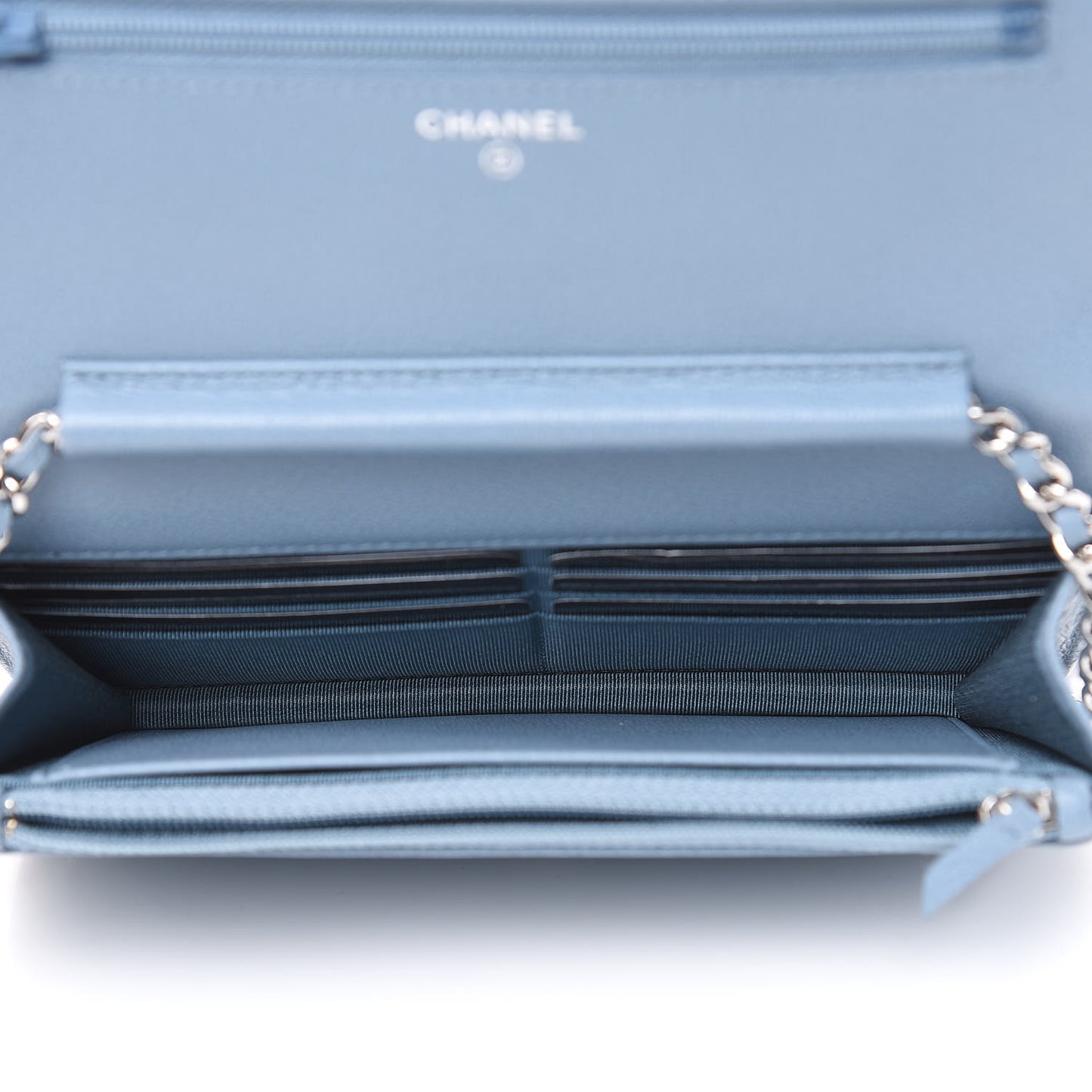 Grained Calfskin Quilted CC Box Wallet On Chain WOC Blue
