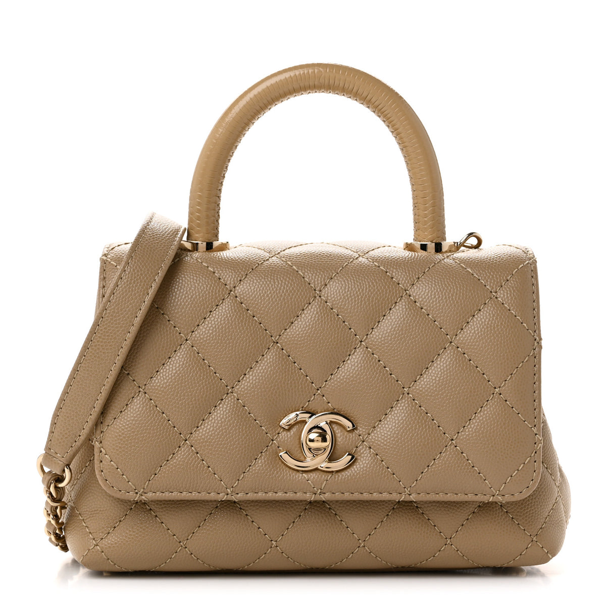 Caviar Lizard Embossed Quilted Extra Mini Coco Handle Flap Dark Beige