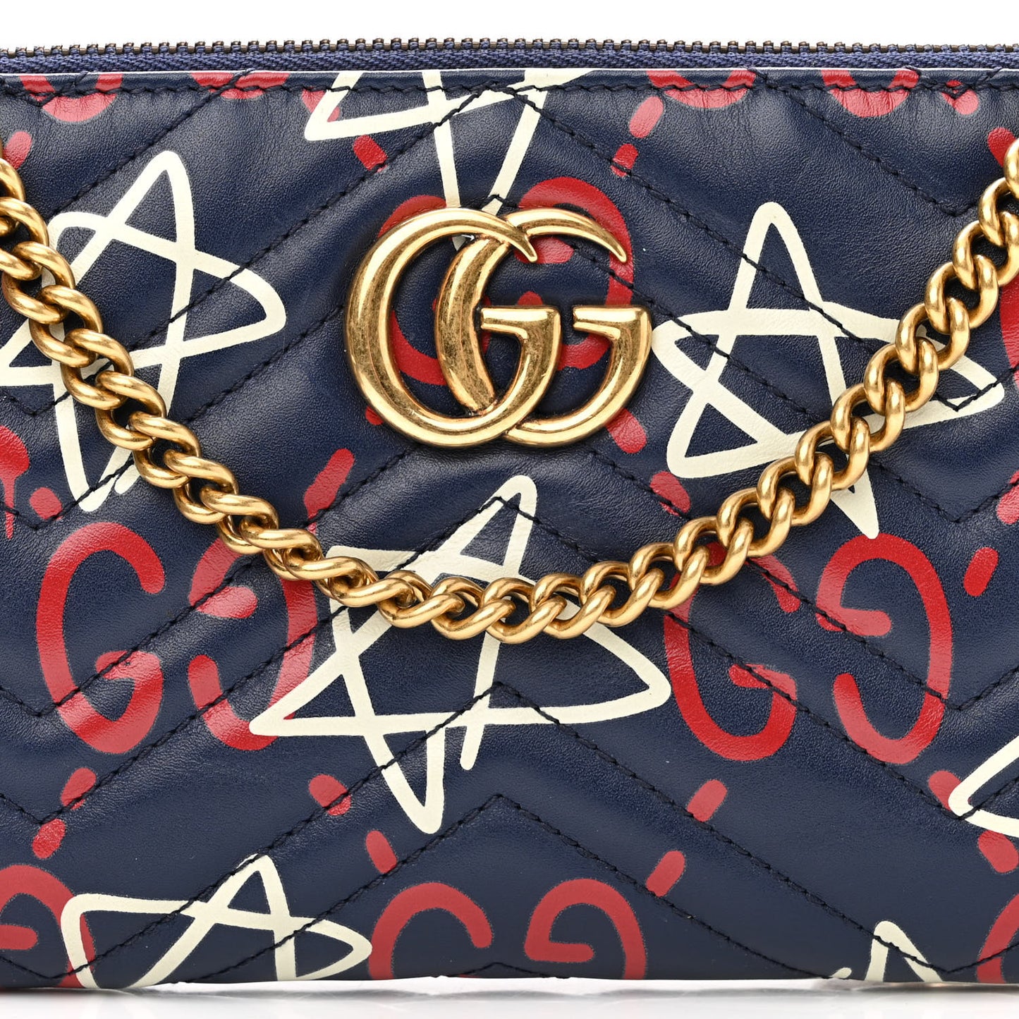 Calfskin Matelasse GucciGhost Mini GG Marmont Chain Bag Blue Agata Hibiscus Red