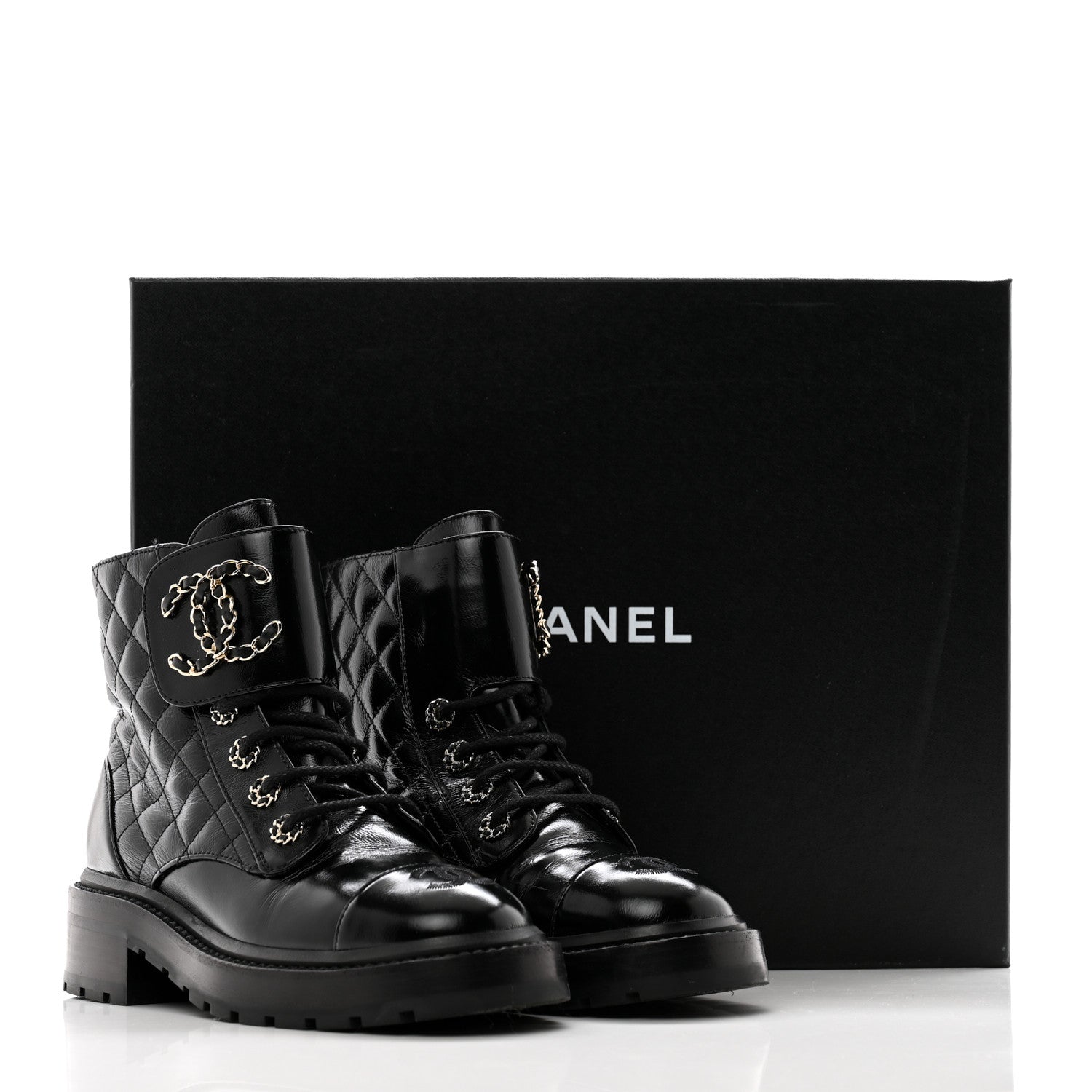 Chanel Shiny Calfskin Quilted Lace Up Combat Boots 36 Black 11 of 11