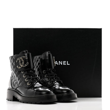 Chanel Shiny Calfskin Quilted Lace Up Combat Boots 36 Black 11 of 11