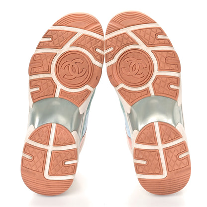 Chanel Nylon Lambskin Suede Calfskin CC Sneakers 36.5 Coral Light Blue White 6 of 14