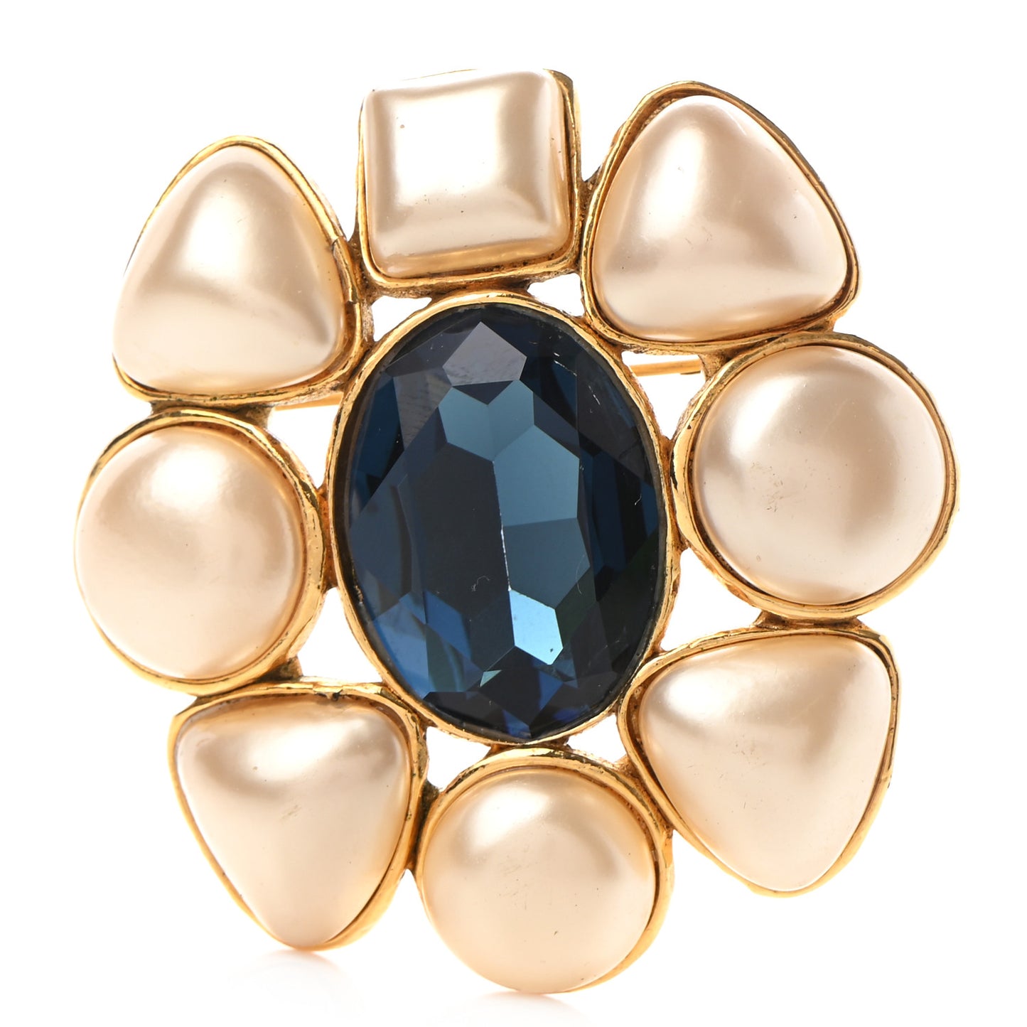 Gripoix Poured Glass Pearl Brooch Gold Blue