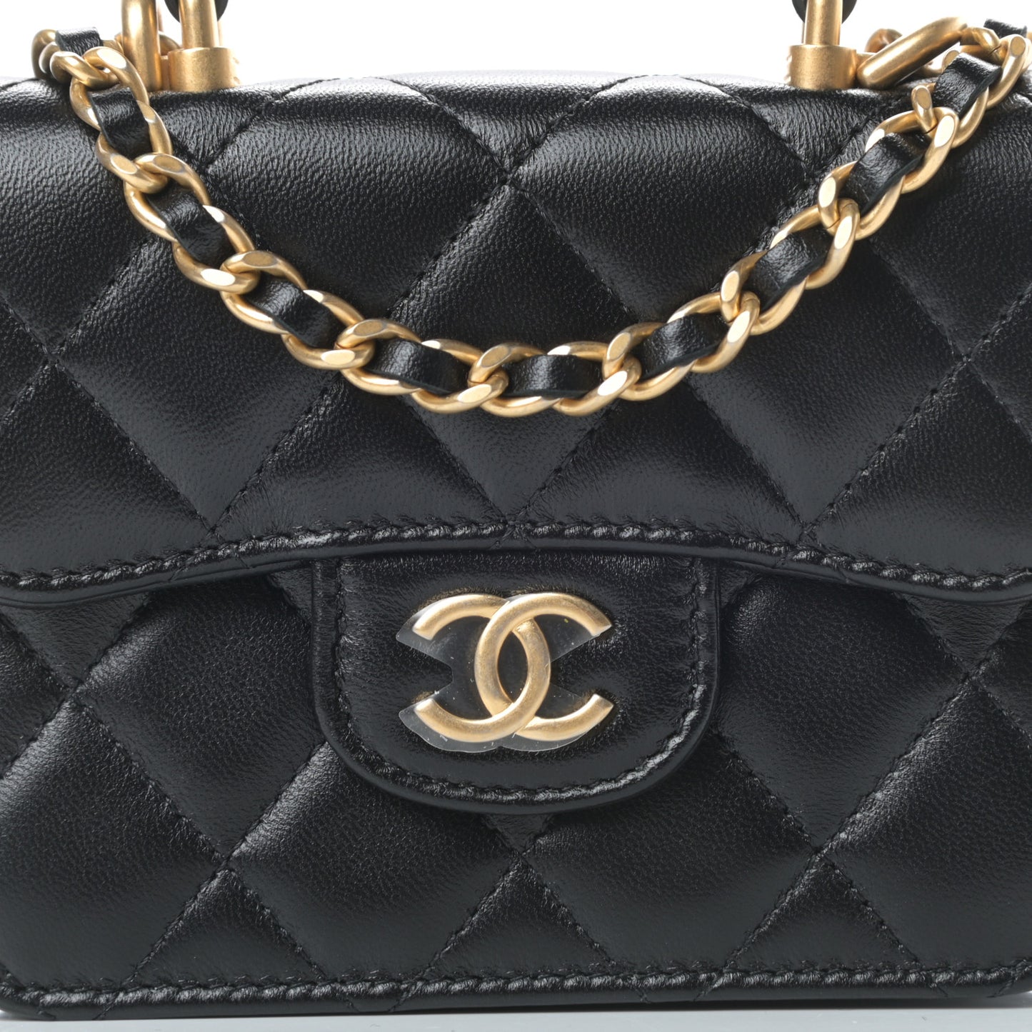 Lambskin Quilted Top Handle Flap Coin Purse With Chain Black