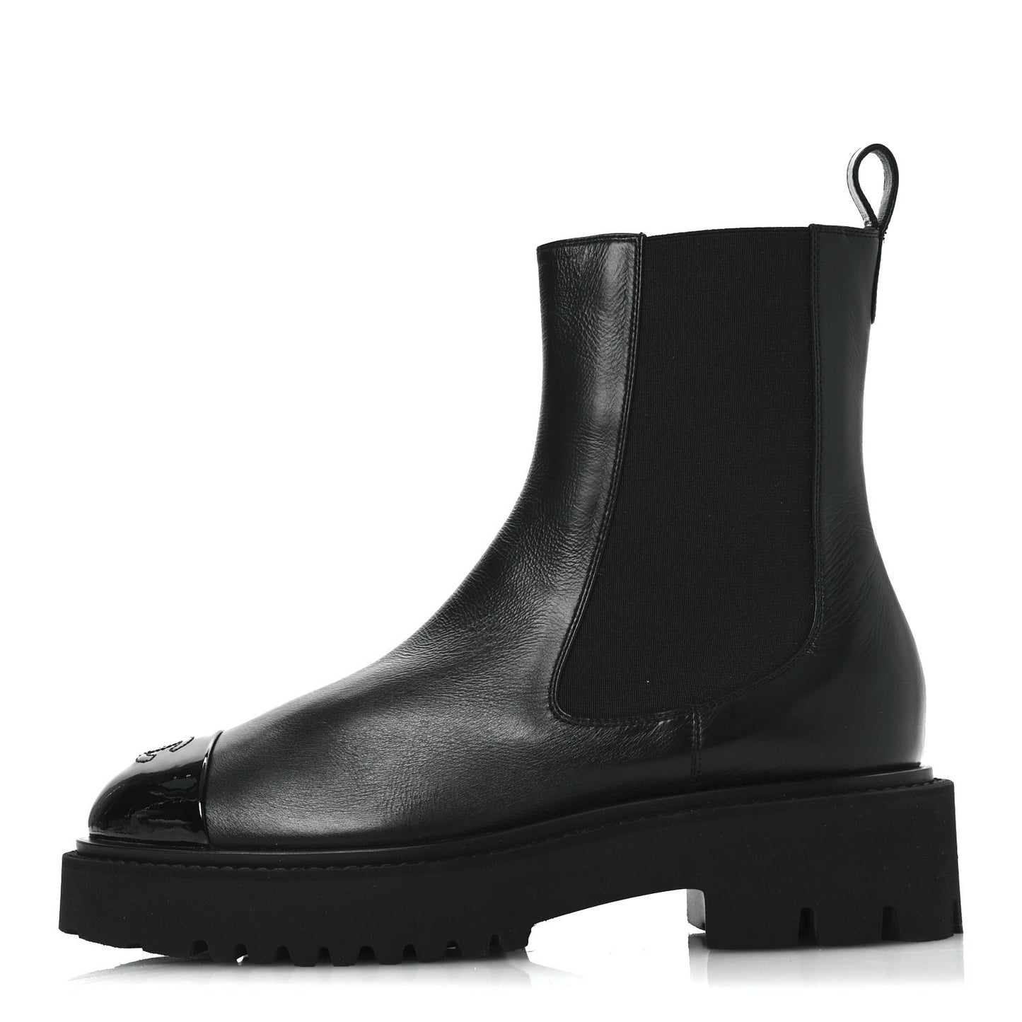 Crumpled Calfskin Patent Cap Toe Short Boots 39.5 Black