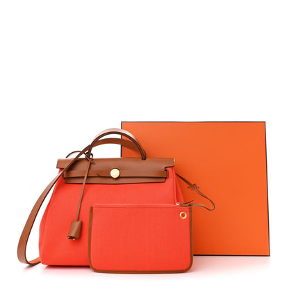 Hermes Vache Hunter Toile Herbag Zip Retourne 31 PM Orange Mecano Fauve 15 of 15