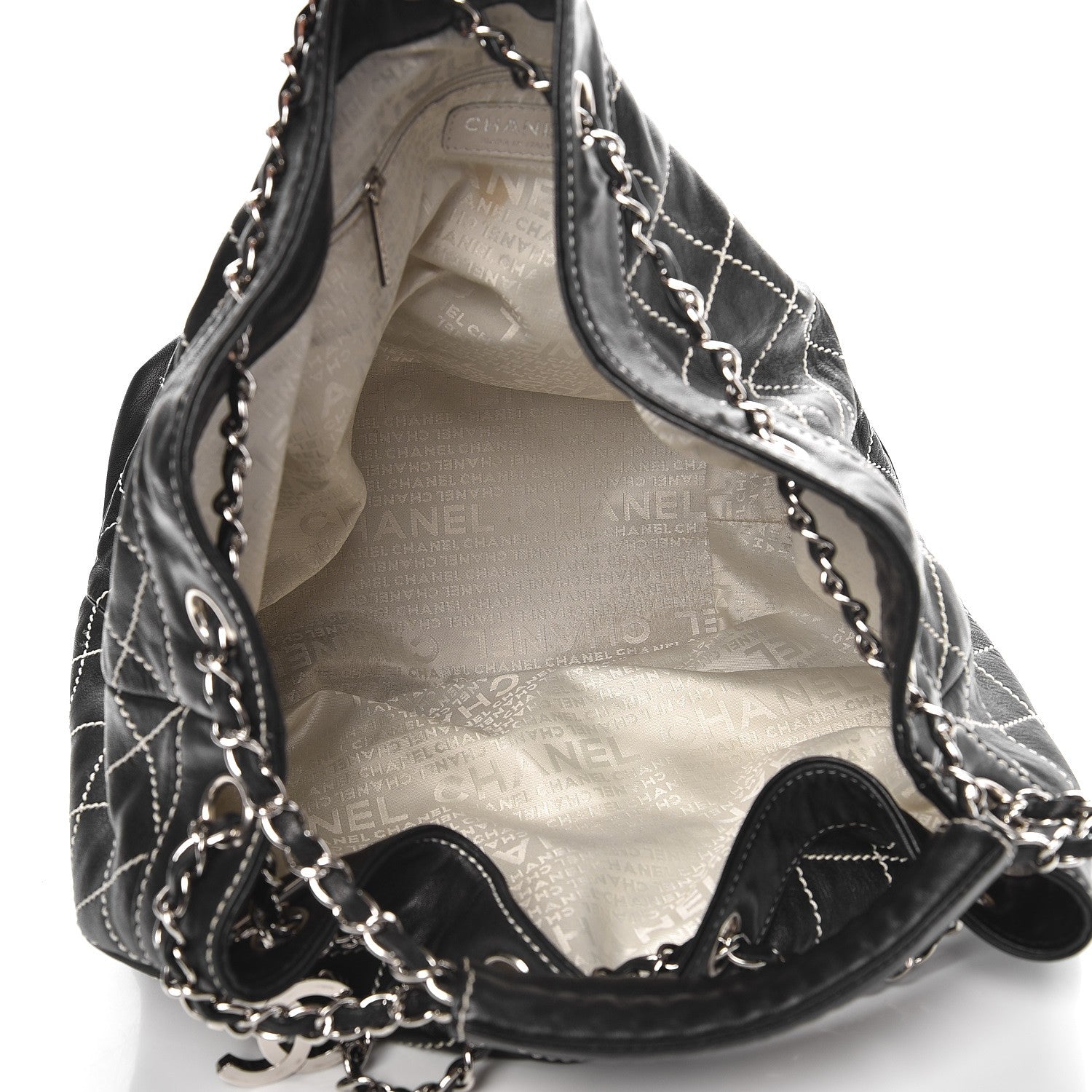 Chanel Lambskin Contrast Stitch Large Drawstring Tote Black 5 of 7