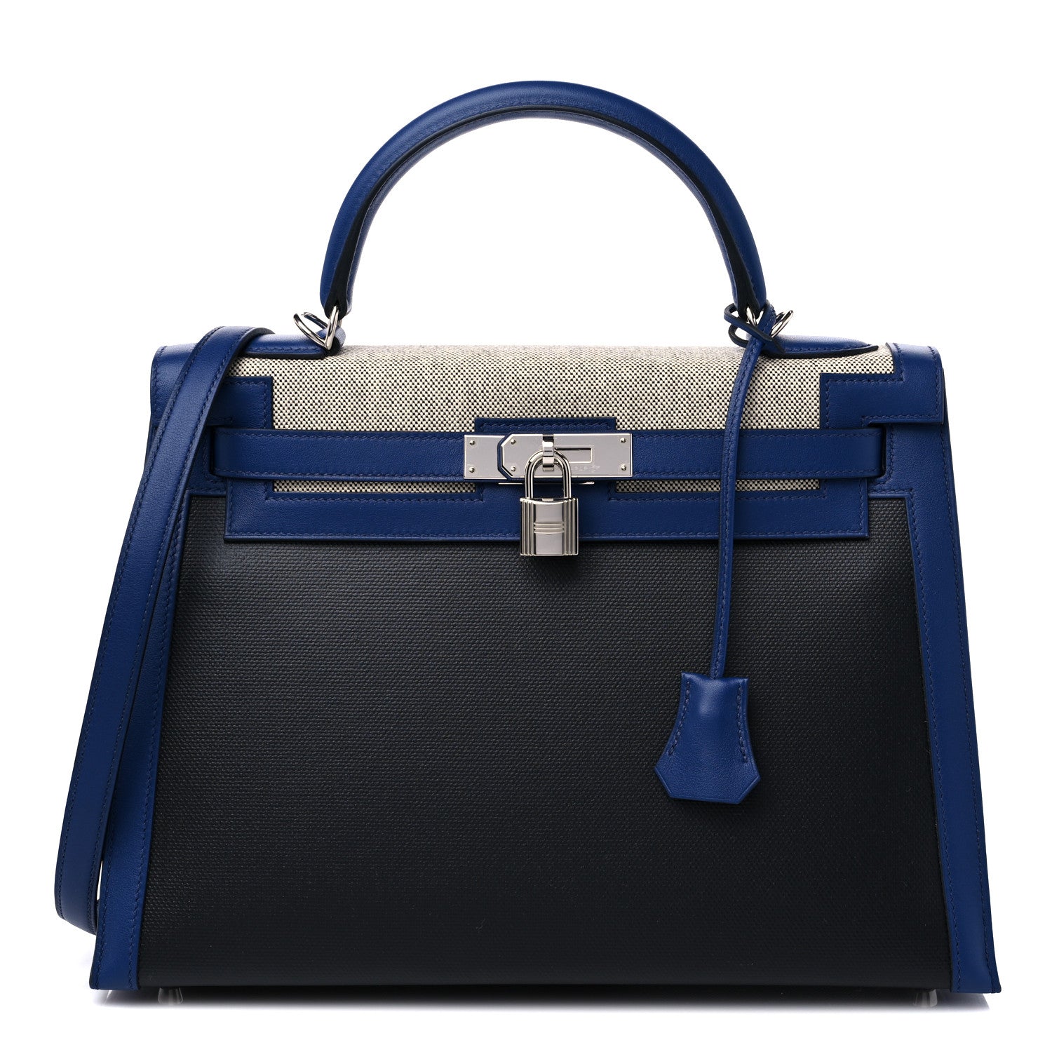 Hermes Berline Toile Swift Kelly Sellier 32 Black Ecru Bleu Sapphire 1 of 9