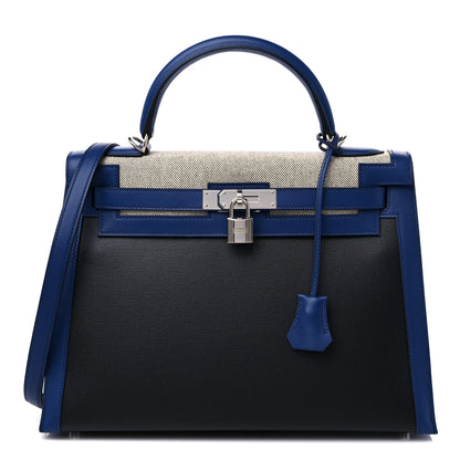 Hermes Berline Toile Swift Kelly Sellier 32 Black Ecru Bleu Sapphire 1 of 9