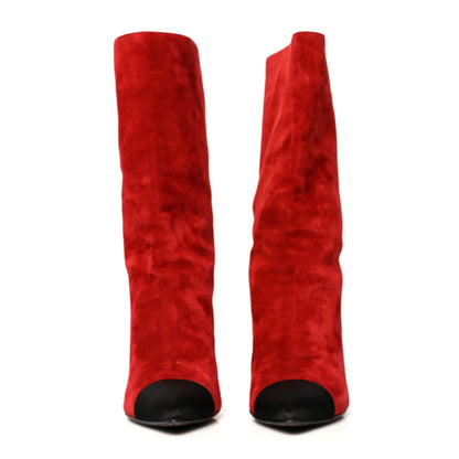 Chanel Suede Calfskin Satin Gabrielle Cap Toe Short Boots 39 Red Black 2 of 8