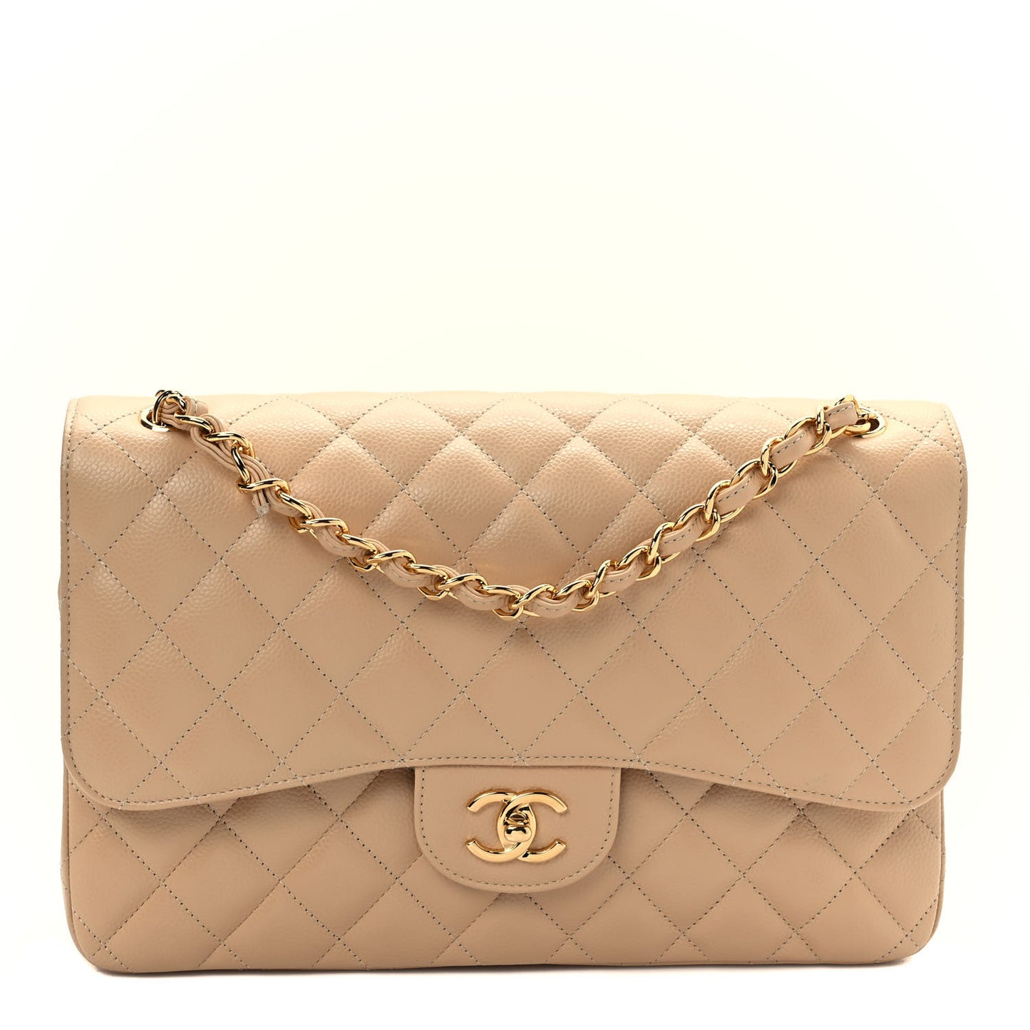 Caviar Quilted Jumbo Double Flap Beige