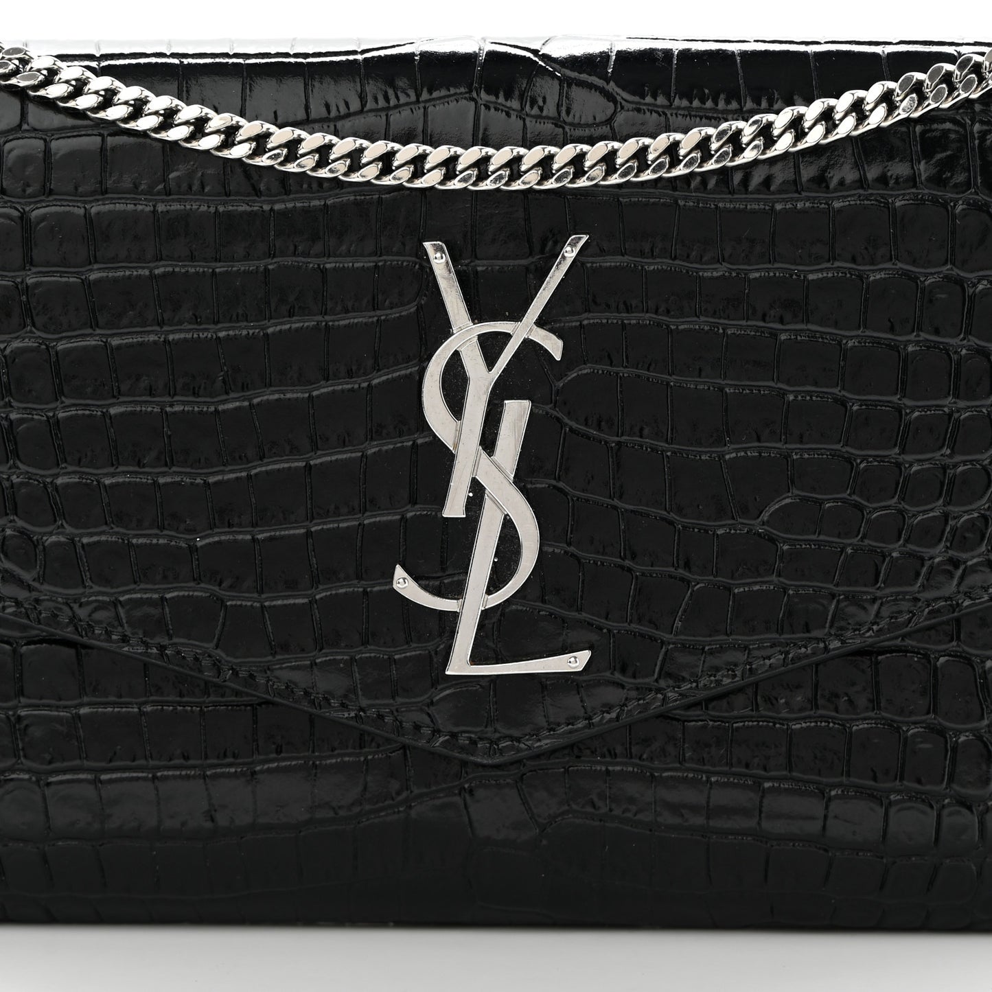 Calfskin Crocodile Embossed Monogram Uptown Chain Wallet Black