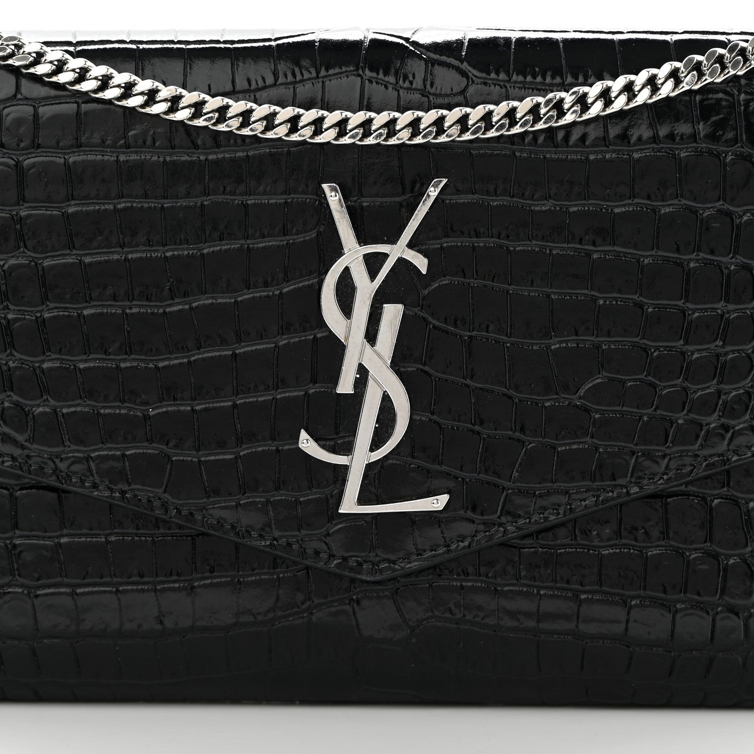 Saint Laurent Calfskin Crocodile Embossed Monogram Uptown Chain Wallet Black 9 of 14