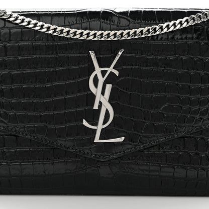 Saint Laurent Calfskin Crocodile Embossed Monogram Uptown Chain Wallet Black 9 of 14