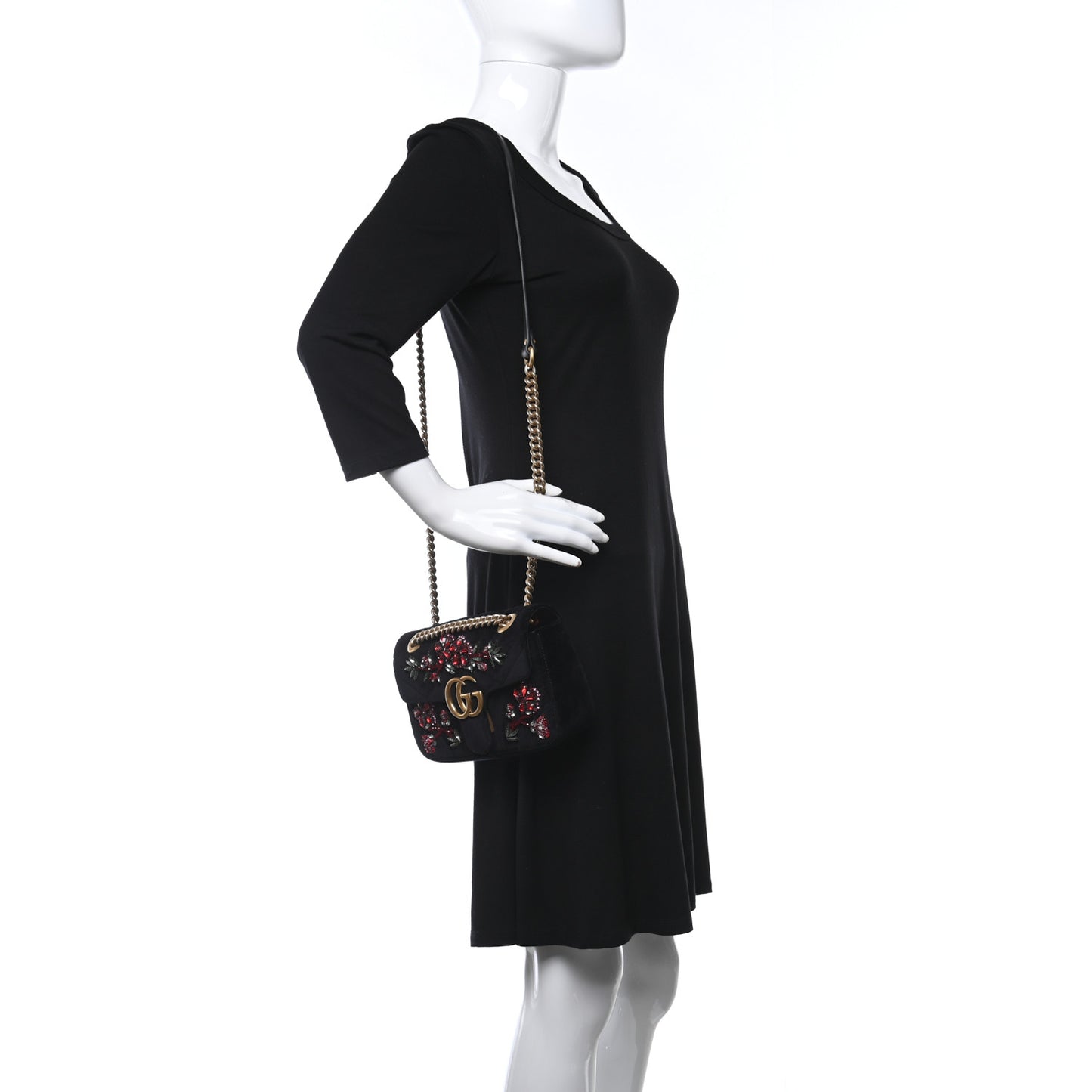Velvet Matelasse Embroidered Mini GG Marmont Shoulder Bag Black