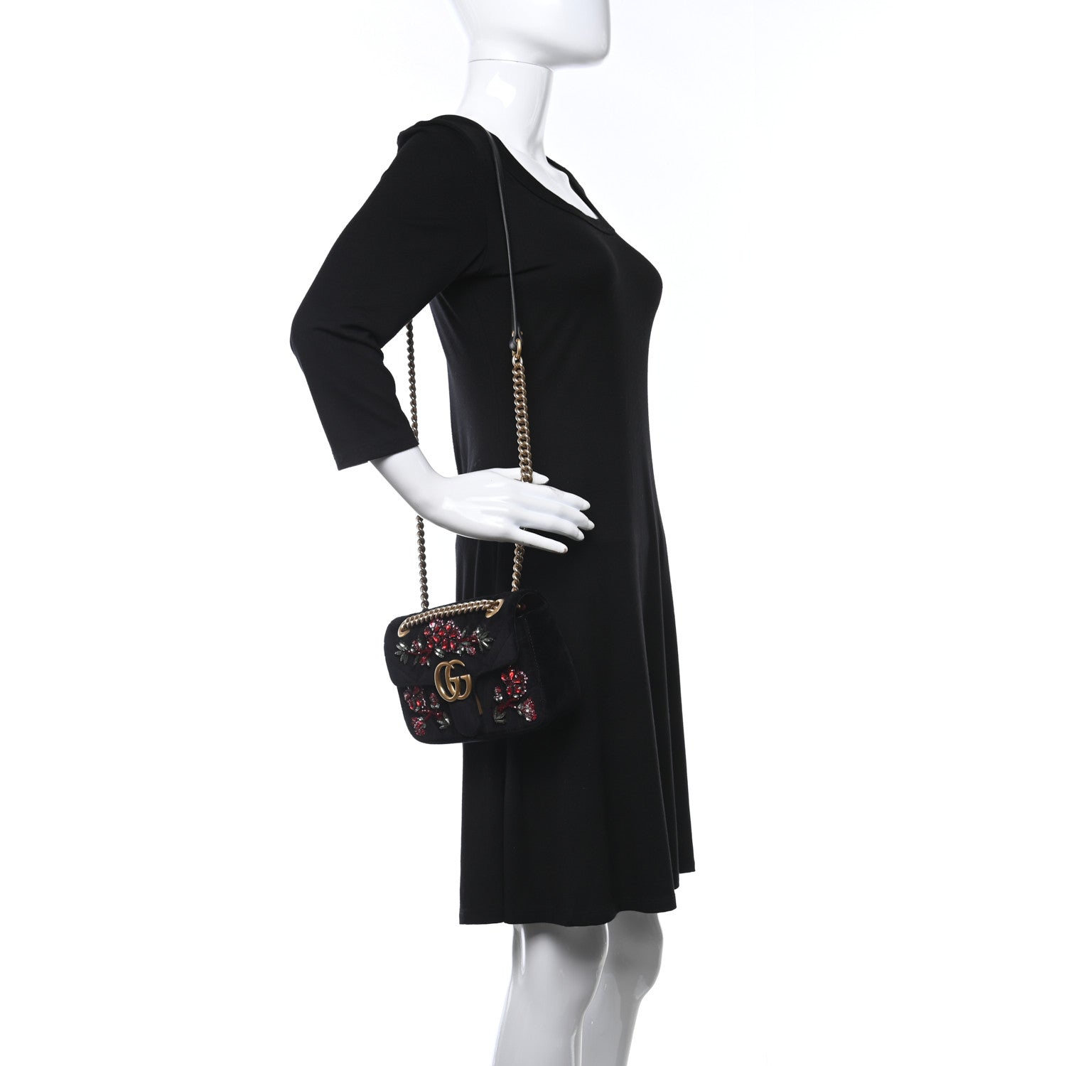 Gucci Velvet Matelasse Embroidered Mini GG Marmont Shoulder Bag Black 2 of 9