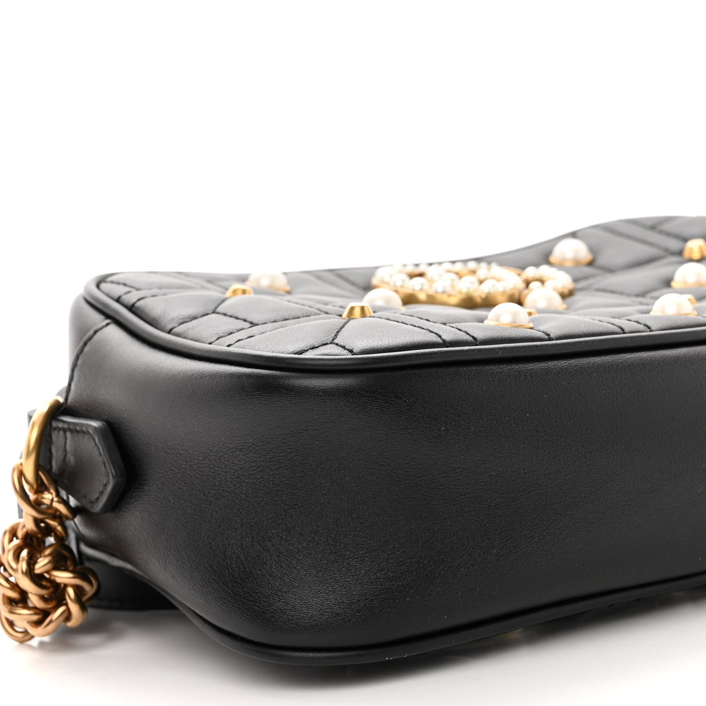 Calfskin Matelasse Studded Small Pearly GG Marmont Chain Shoulder Bag Black