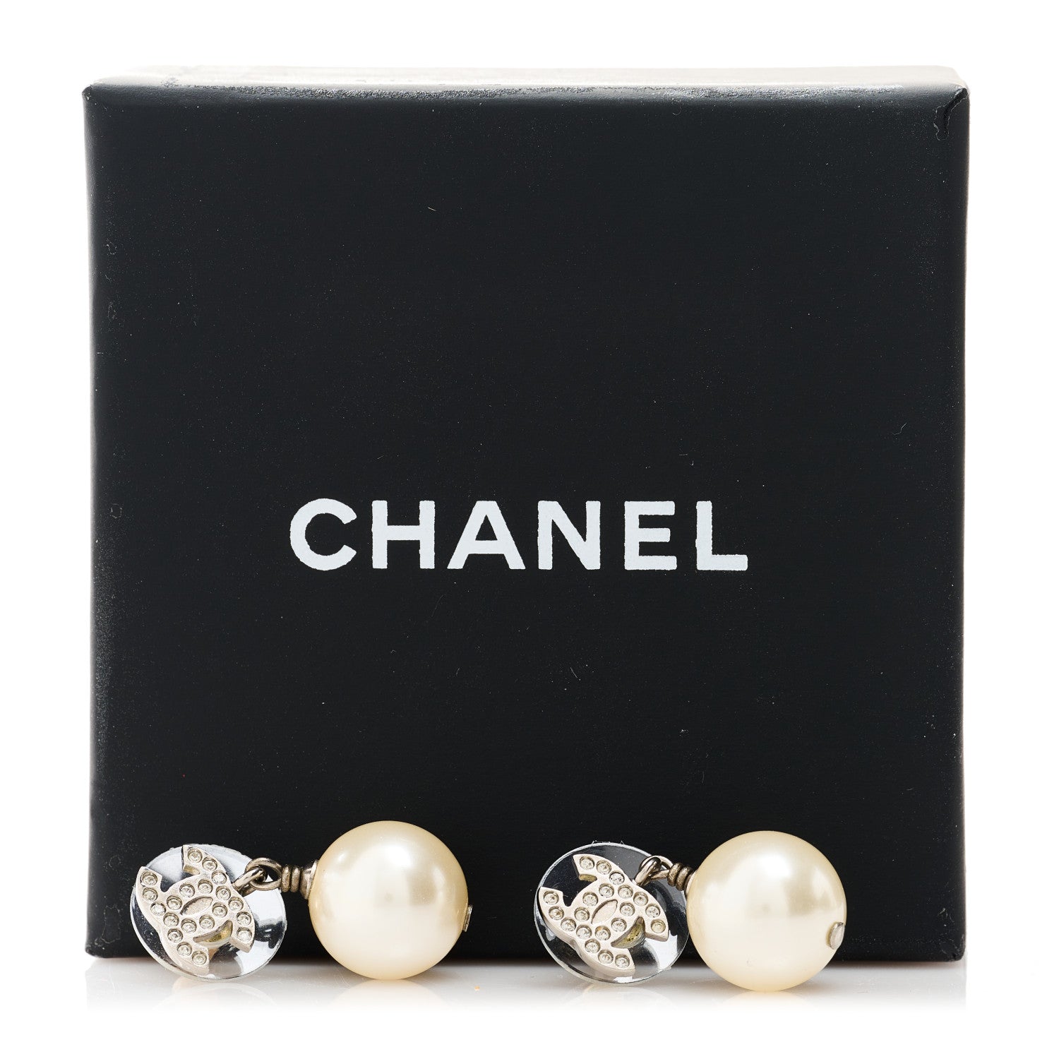Chanel Crystal Pearl CC Drop Earrings Silver Pearly White 5 of 5