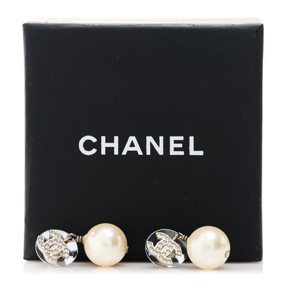 Chanel Crystal Pearl CC Drop Earrings Silver Pearly White 5 of 5