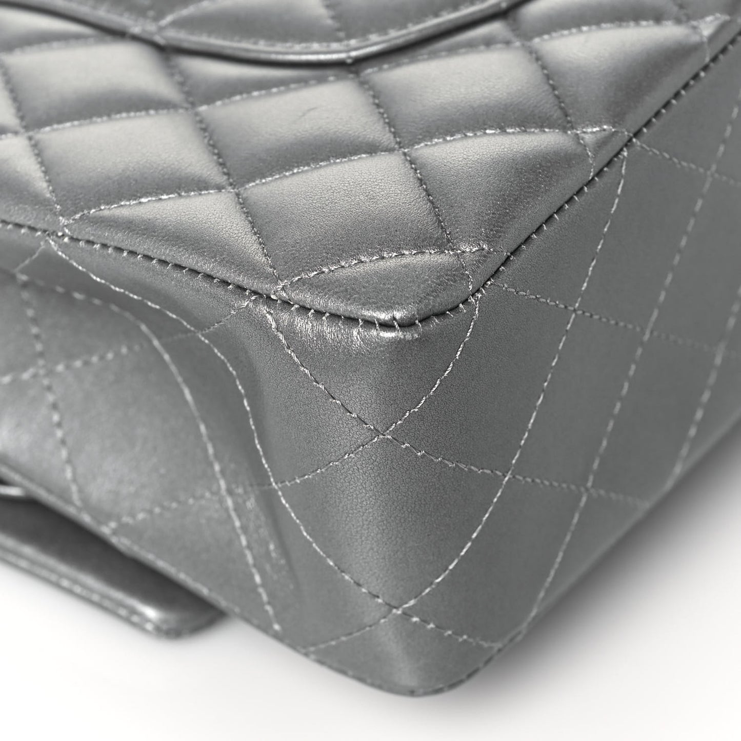 Metallic Lambskin Quilted Medium Double Flap Silver