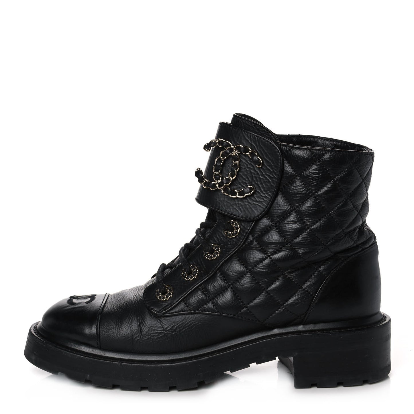 Shiny Goatskin Calfskin Quilted Lace Up Combat Boots 38.5 Black