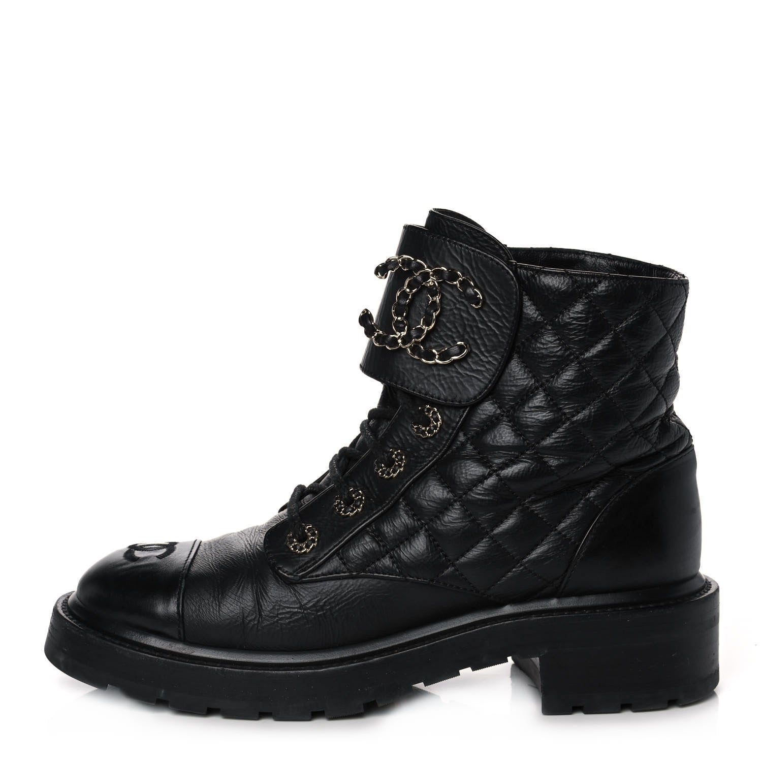 Chanel Shiny Goatskin Calfskin Quilted Lace Up Combat Boots 38.5 Black 1 of 11