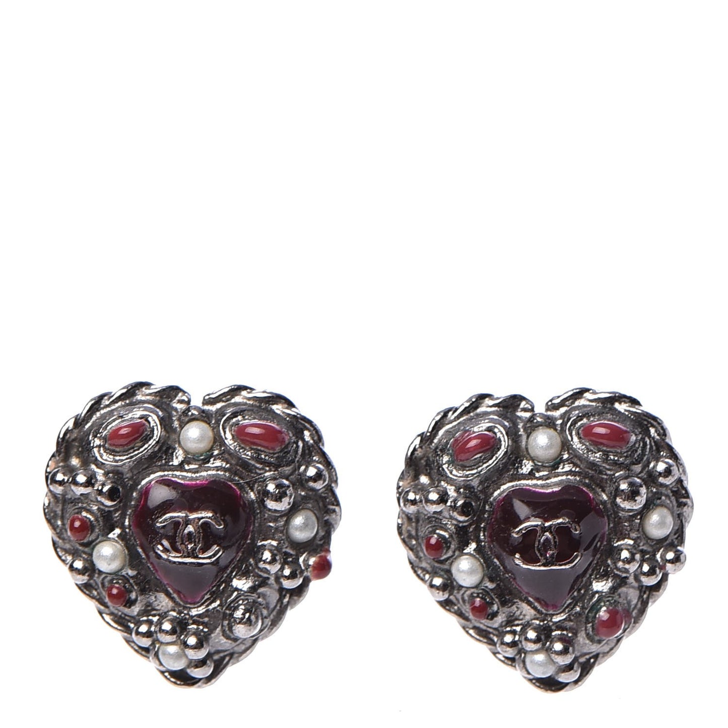 Pearl Enamel Heart CC Earrings Black Silver