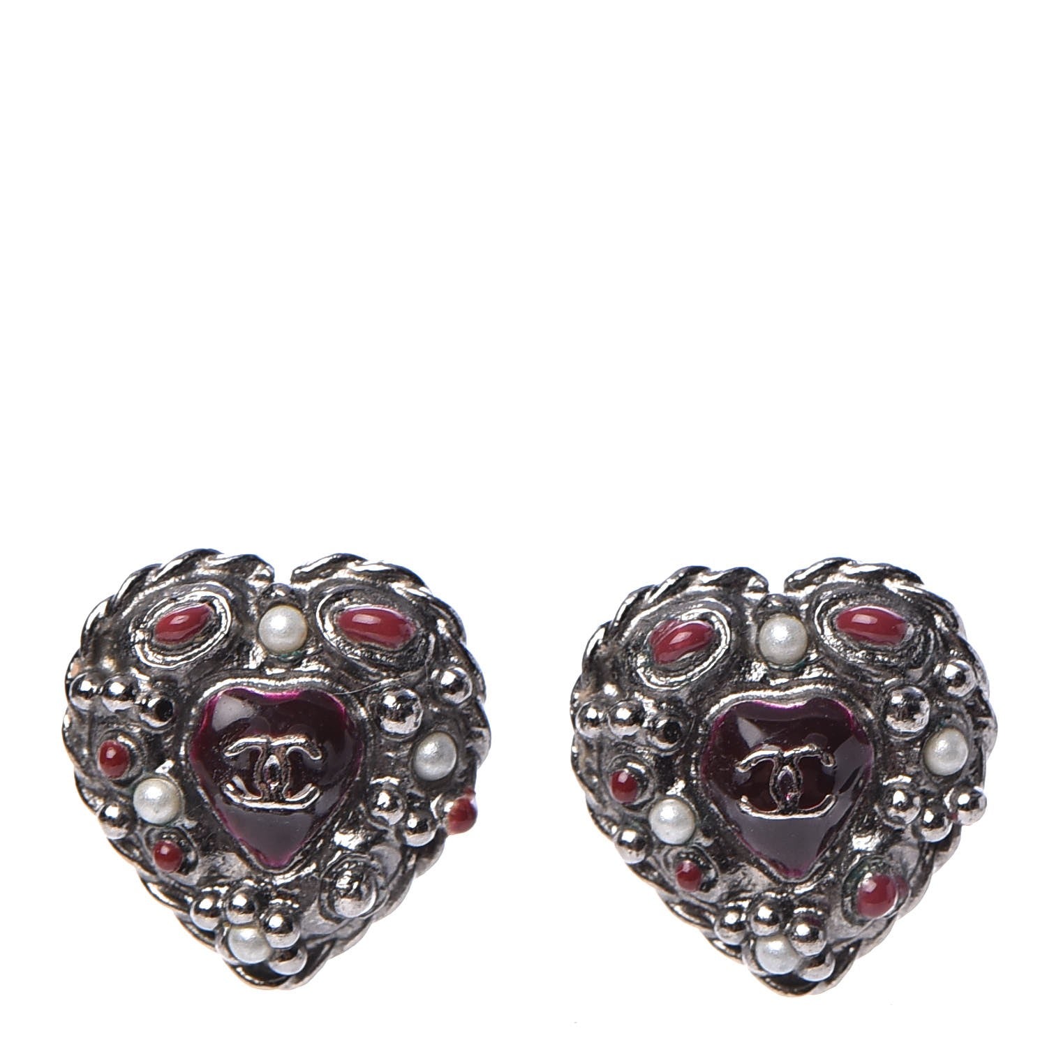 Chanel Pearl Enamel Heart CC Earrings Black Silver 1 of 6