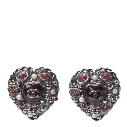Chanel Pearl Enamel Heart CC Earrings Black Silver 1 of 6