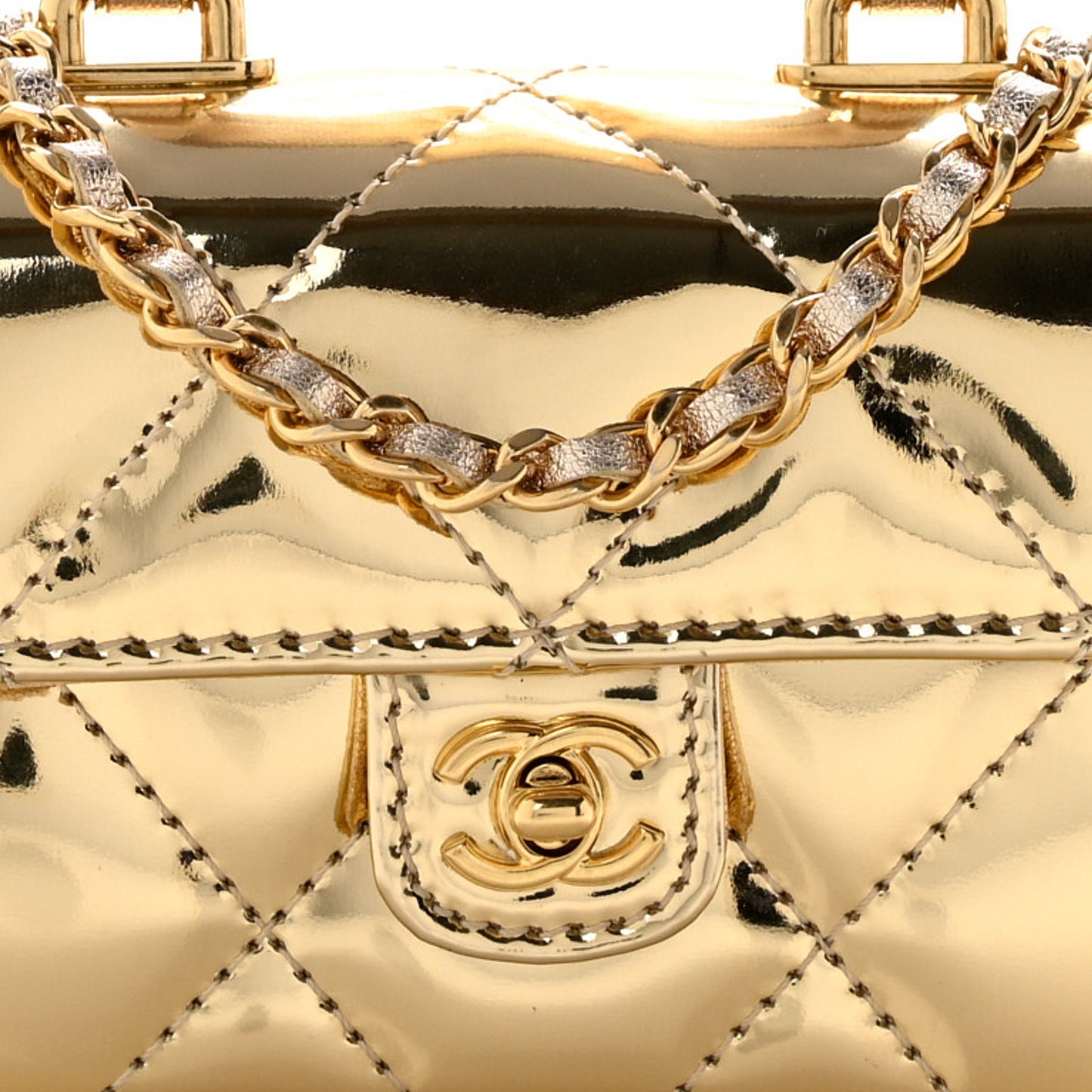 Metallic Mirror Calfskin Micro Top Handle Clutch With Chain Gold