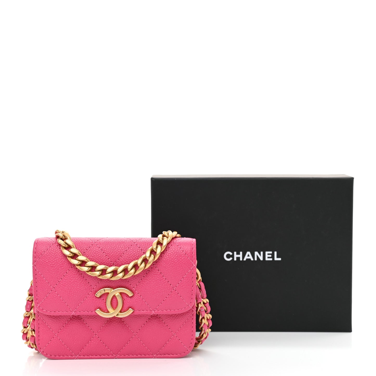 Shiny Caviar Quilted Chain Melody Card Holder On Chain Dark Pink