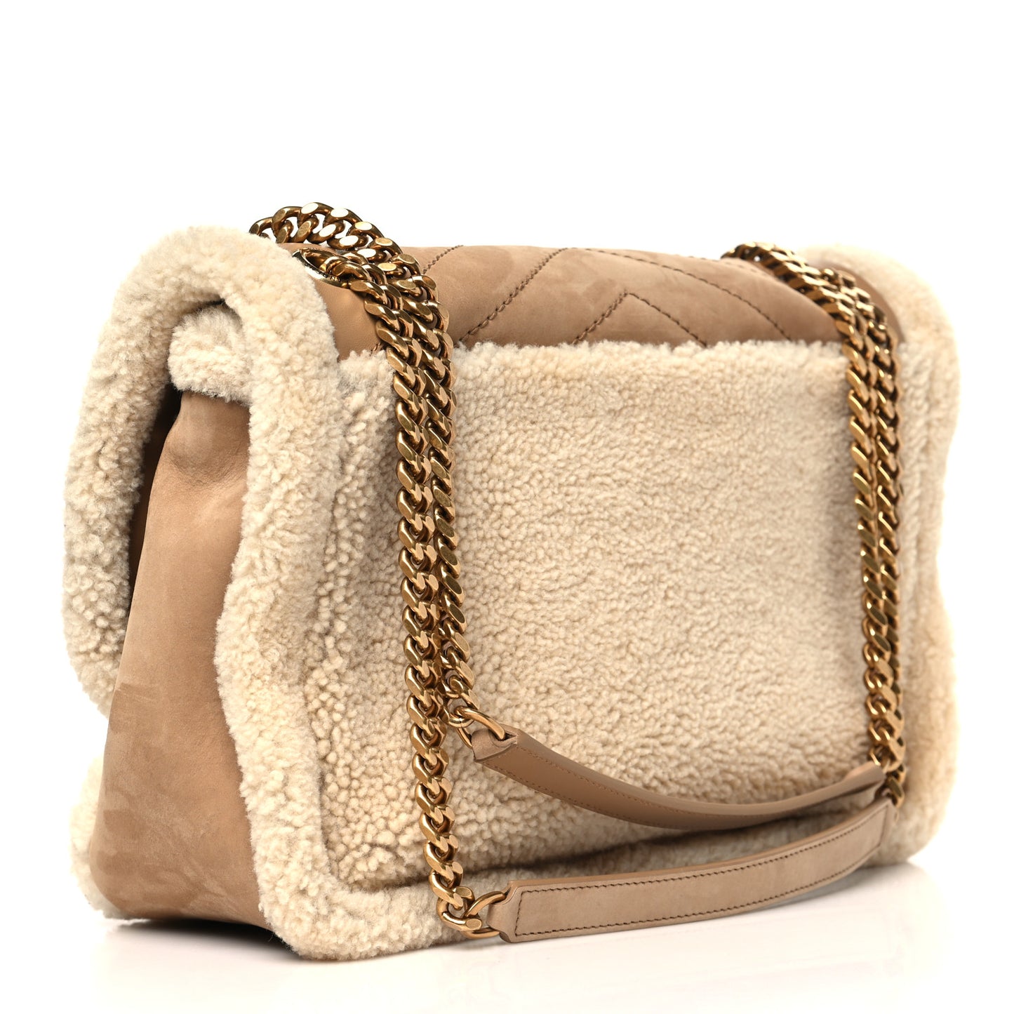 Nubuck Shearling Monogram Medium Niki Chain Satchel Ivory Natural Tan
