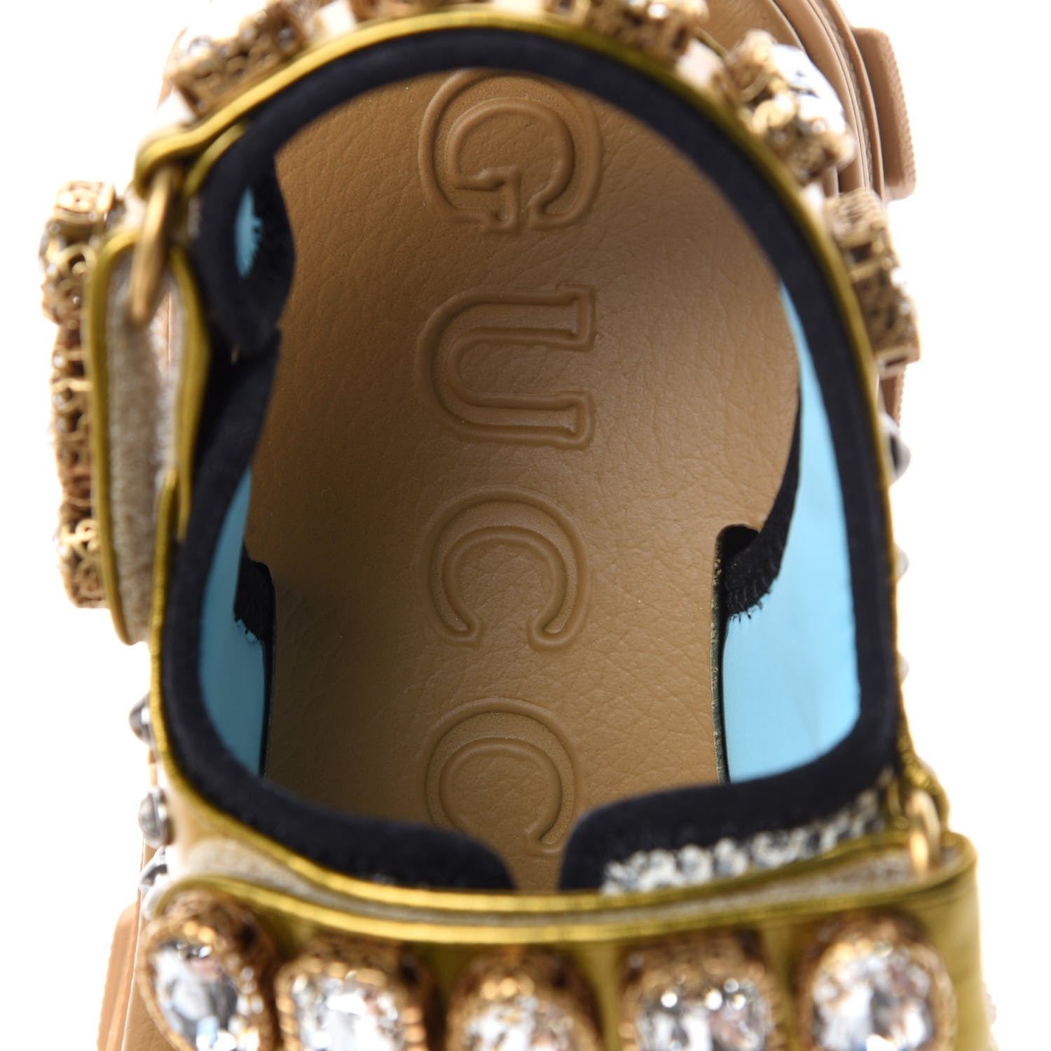 Gucci Silk Calfskin Mesh Crystal Embellished Studded Womens Aguru Sandals 36 Gold 8 of 10