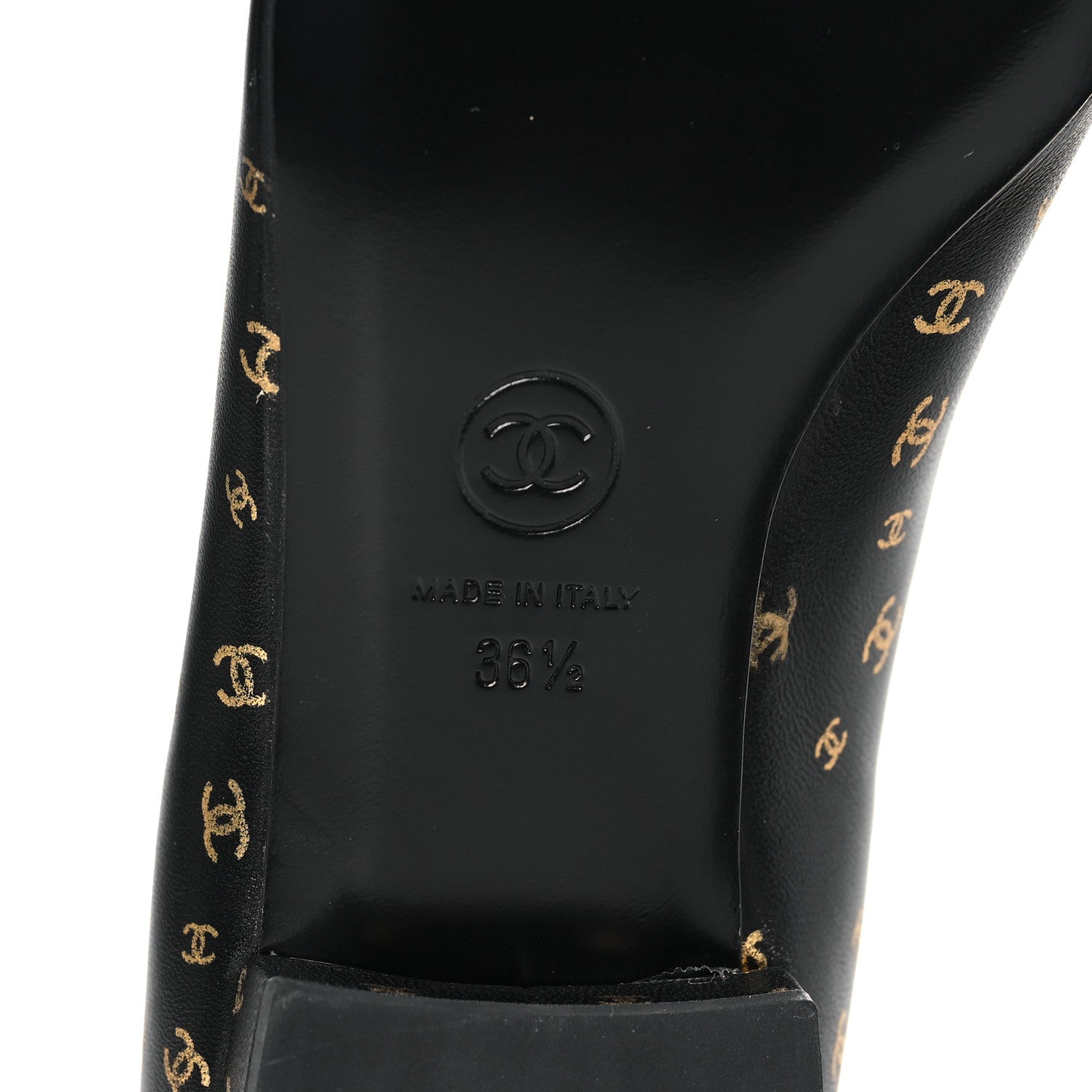 Chanel Lambskin Patent Calfskin Printed CC Cap Toe Ballerina Flats 36.5 Black Gold 6 of 9