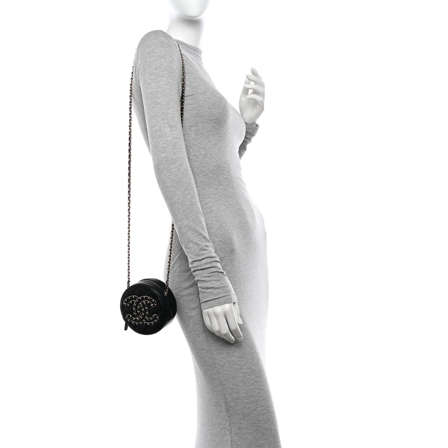 Lambskin Quilted Large CC Round Clutch With Chain Black