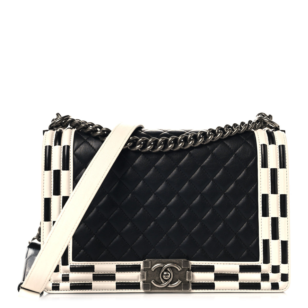 Calfskin Quilted Checkerboard Trim New Medium Boy Flap Black White