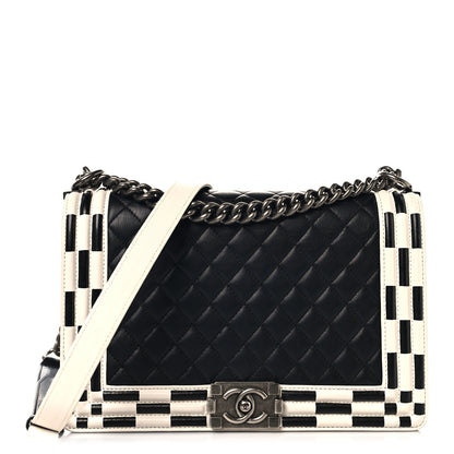 Chanel Calfskin Quilted Checkerboard Trim New Medium Boy Flap Black White 1 of 10