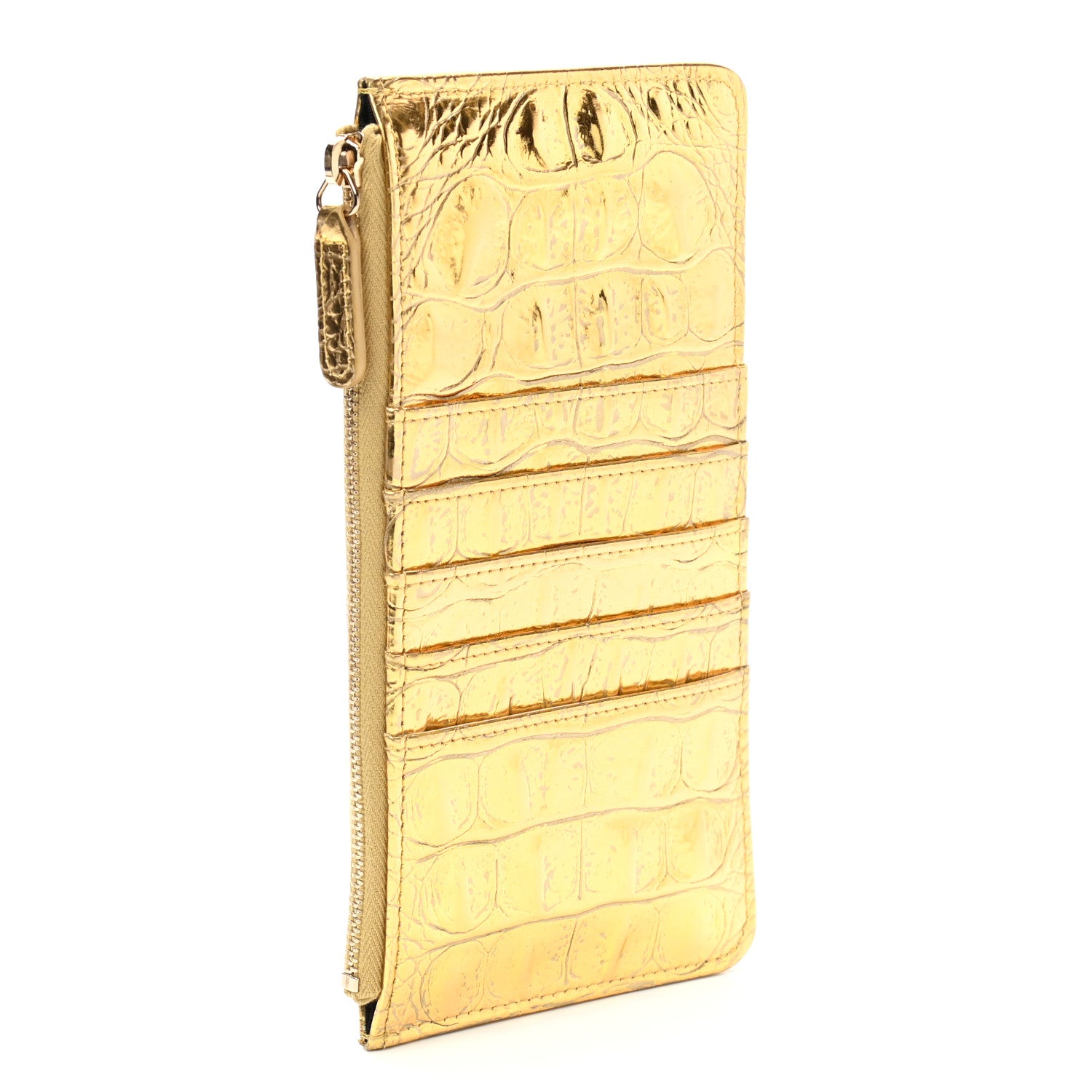 Chanel Metallic Calfskin Crocodile Embossed Cocodile Classic Flat Wallet Pouch Gold 3 of 7