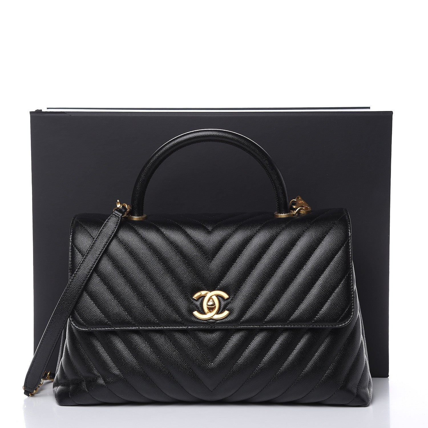 Chanel Caviar Chevron Quilted Medium Coco Handle Flap Black 10 of 11