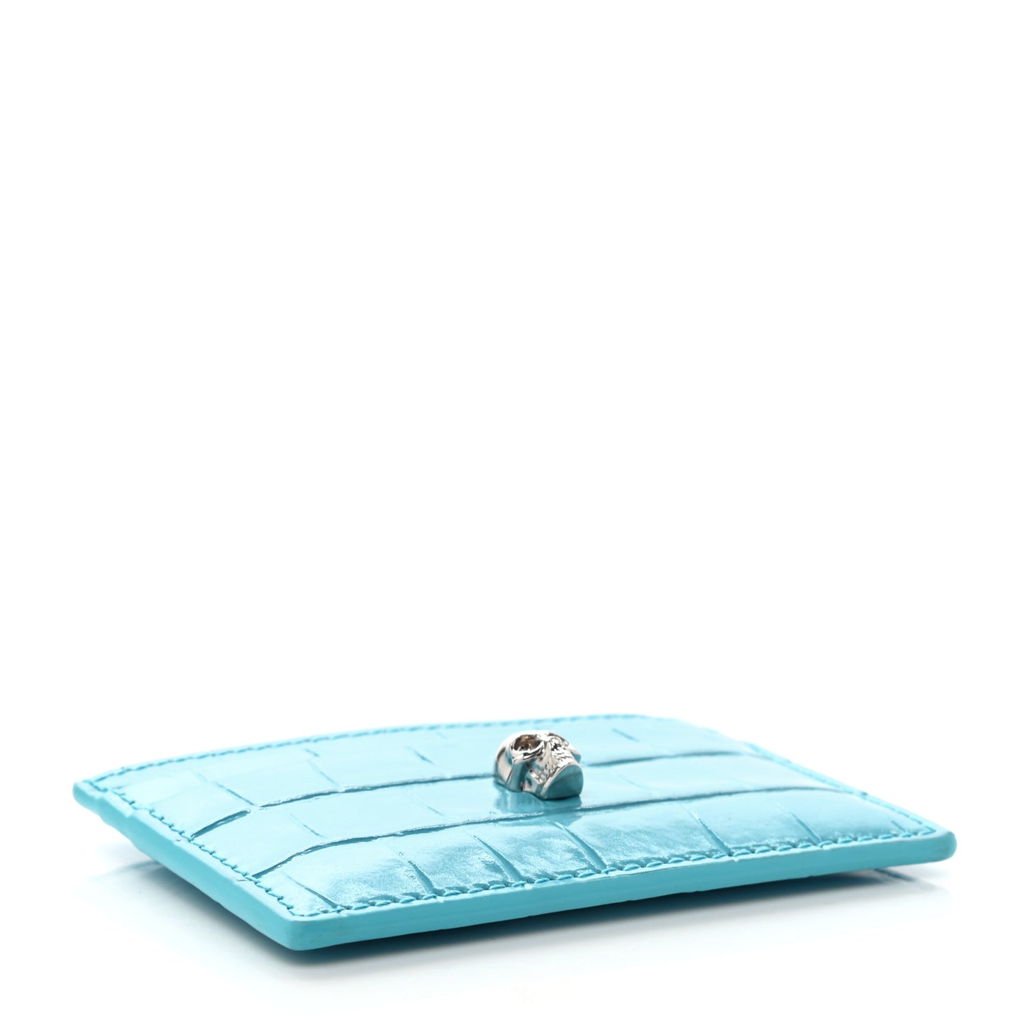 Calfskin Crocodile Embossed Skull Card Holder Cerulean