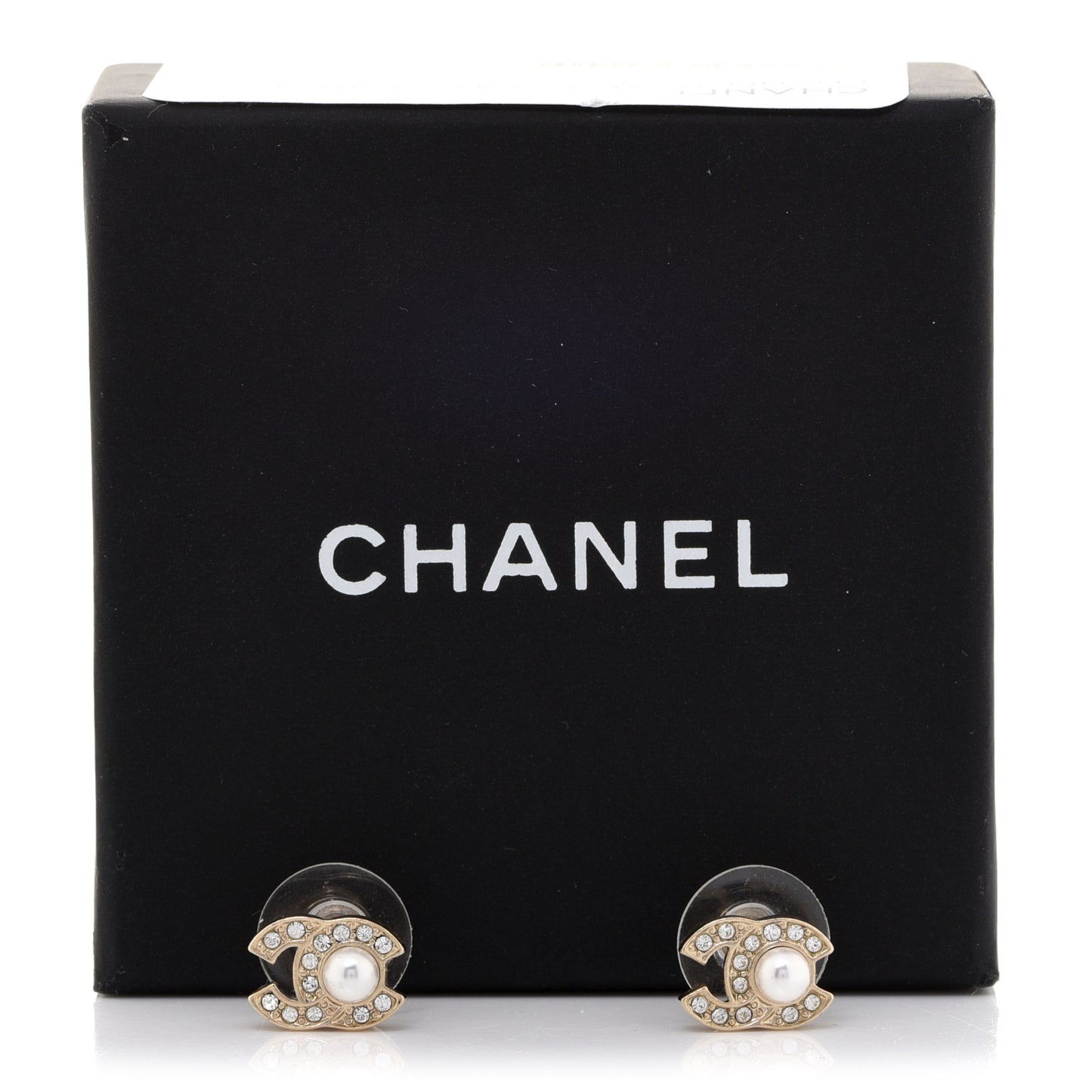 Metal Crystal Pearl CC Stud Earrings Gold