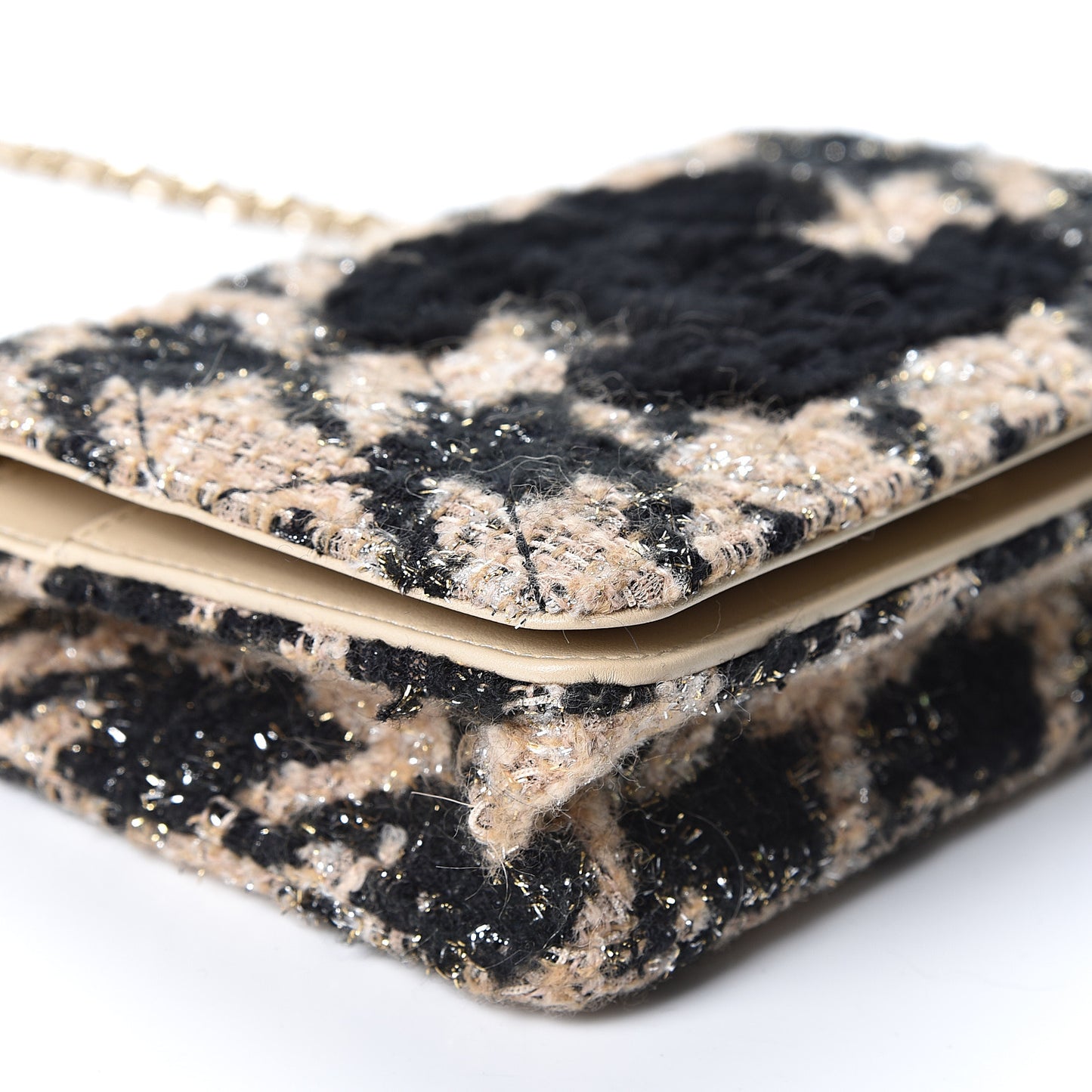 Tweed Shearling Quilted Wallet On Chain WOC and Coin Purse Beige Black