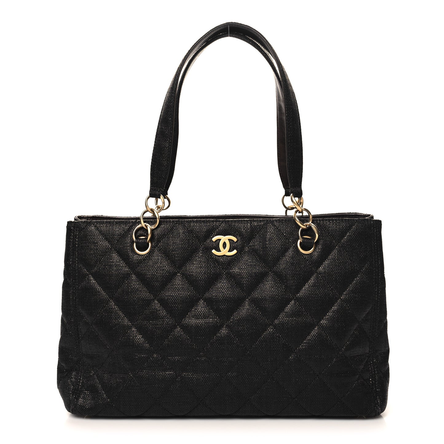 Woven Straw Quilted Shopping Tote Black