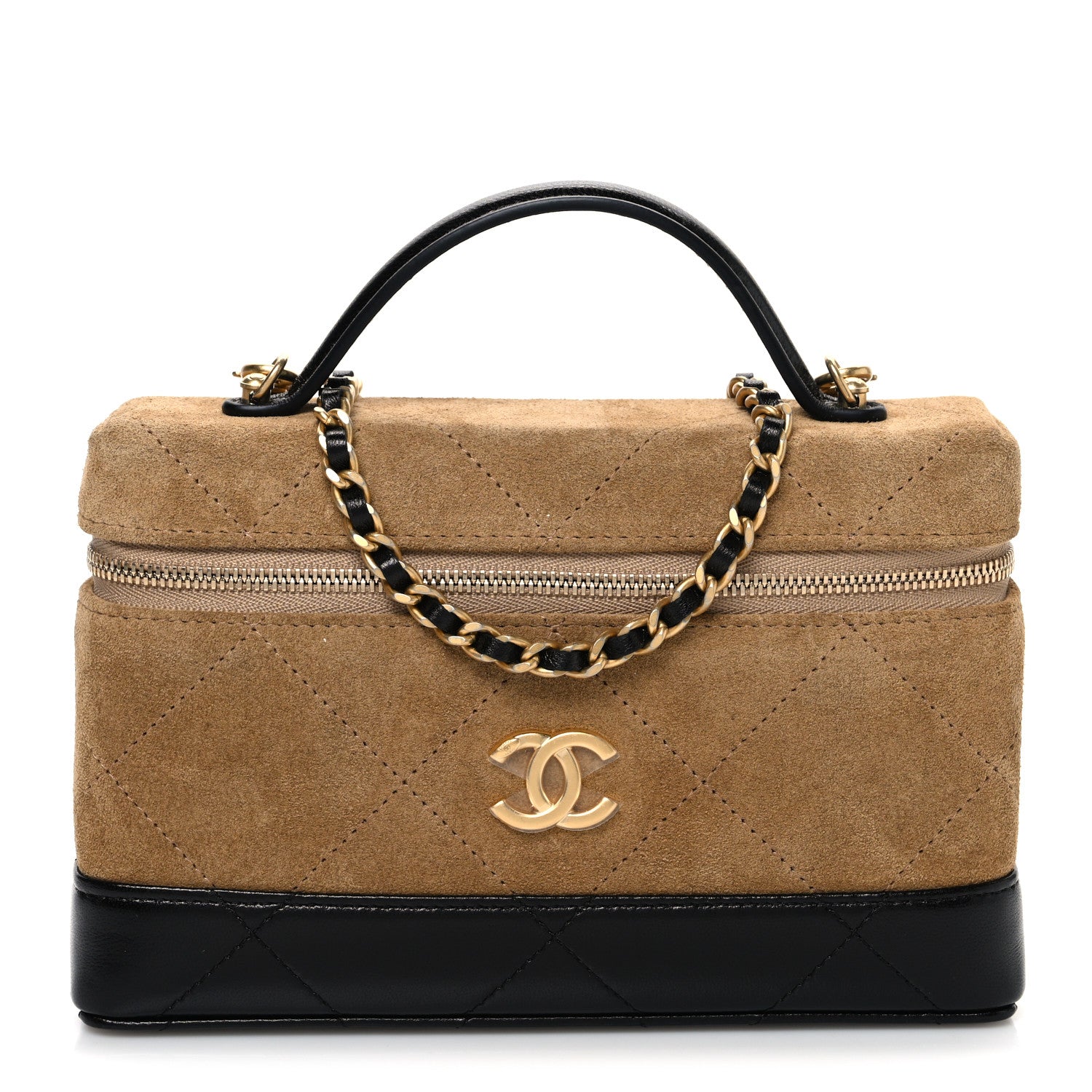 Chanel Suede Calfskin Shiny Lambskin Quilted Top Handle Slim Vanity Case With Chain Beige Black 1 of 11