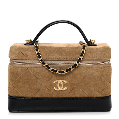 Chanel Suede Calfskin Shiny Lambskin Quilted Top Handle Slim Vanity Case With Chain Beige Black 1 of 11
