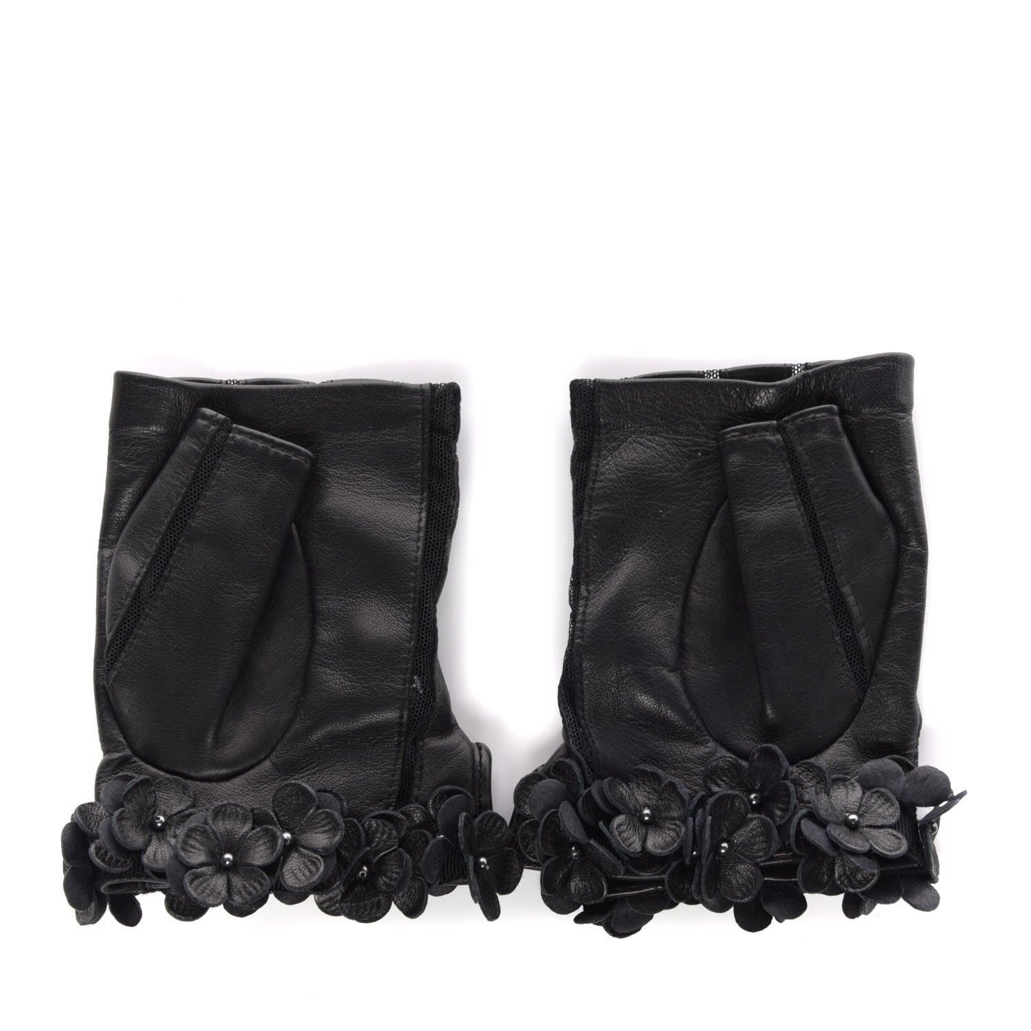 Chanel Lambskin Mesh Panel Camellia Fingerless Gloves 7 Black 2 of 6